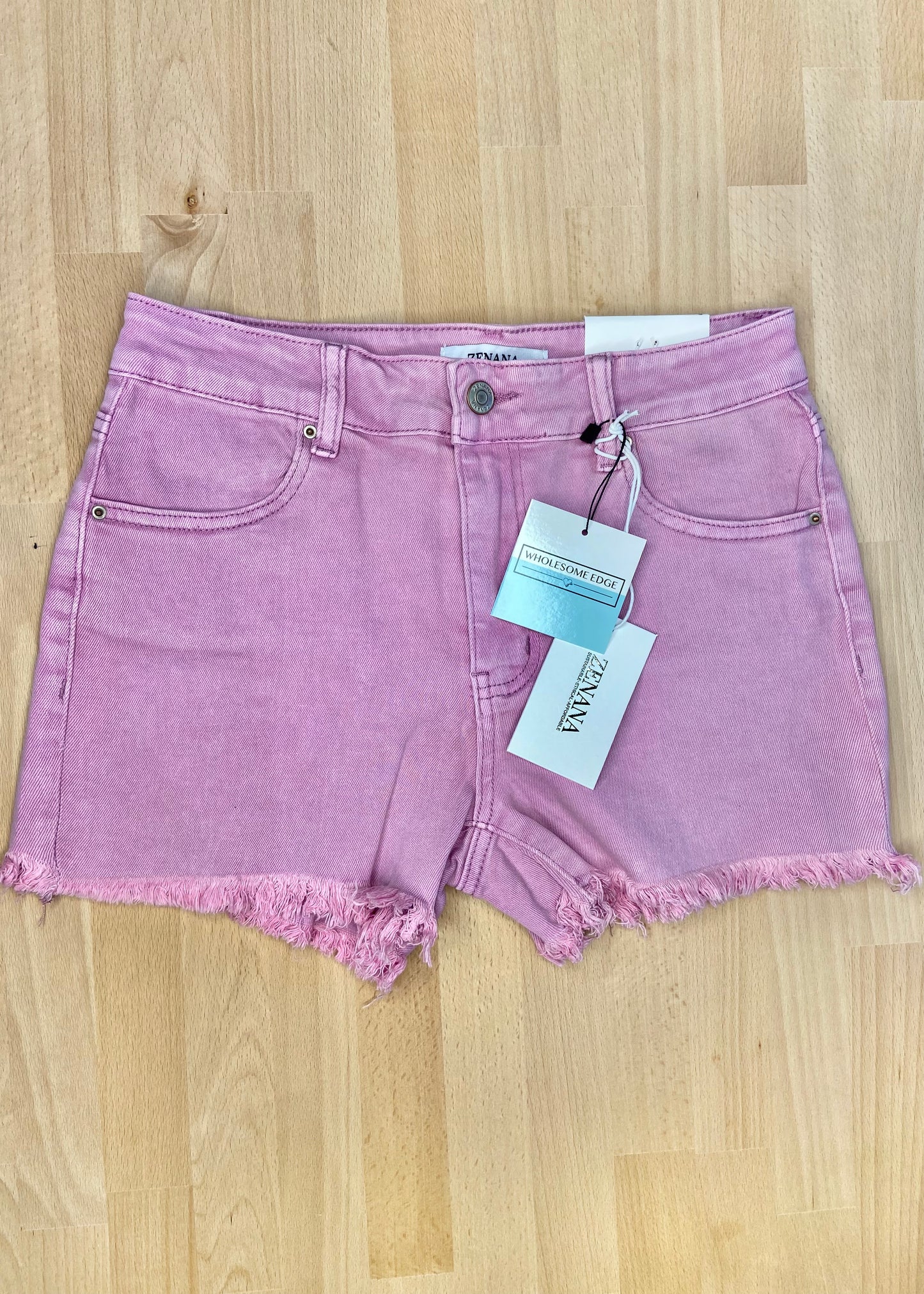 Zenana Acid Wash Frayed Edge Denim Shorts - Mauve