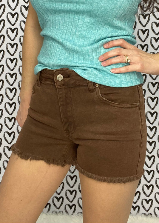 Zenana Acid Wash Frayed Edge Denim Shorts - Mahogany