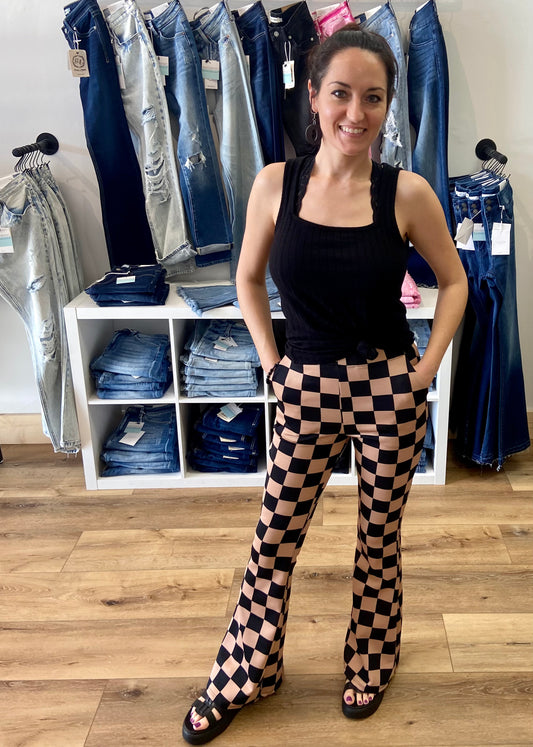 Black & Mocha Checkered Flare Pants