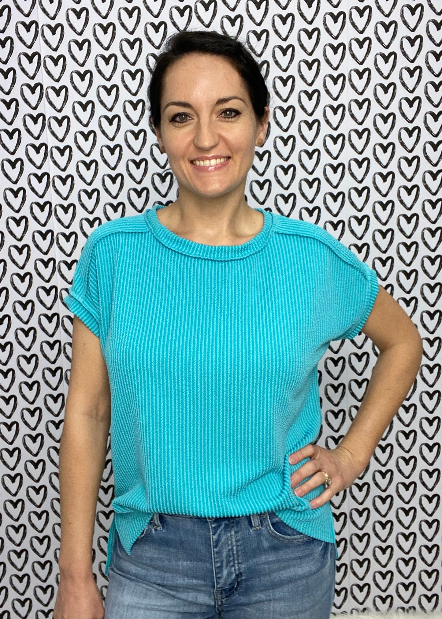 Soft Ribbed Round Neck Top - Turquoise