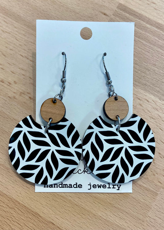 Acrylic & Wood Circle Earrings - Black & White