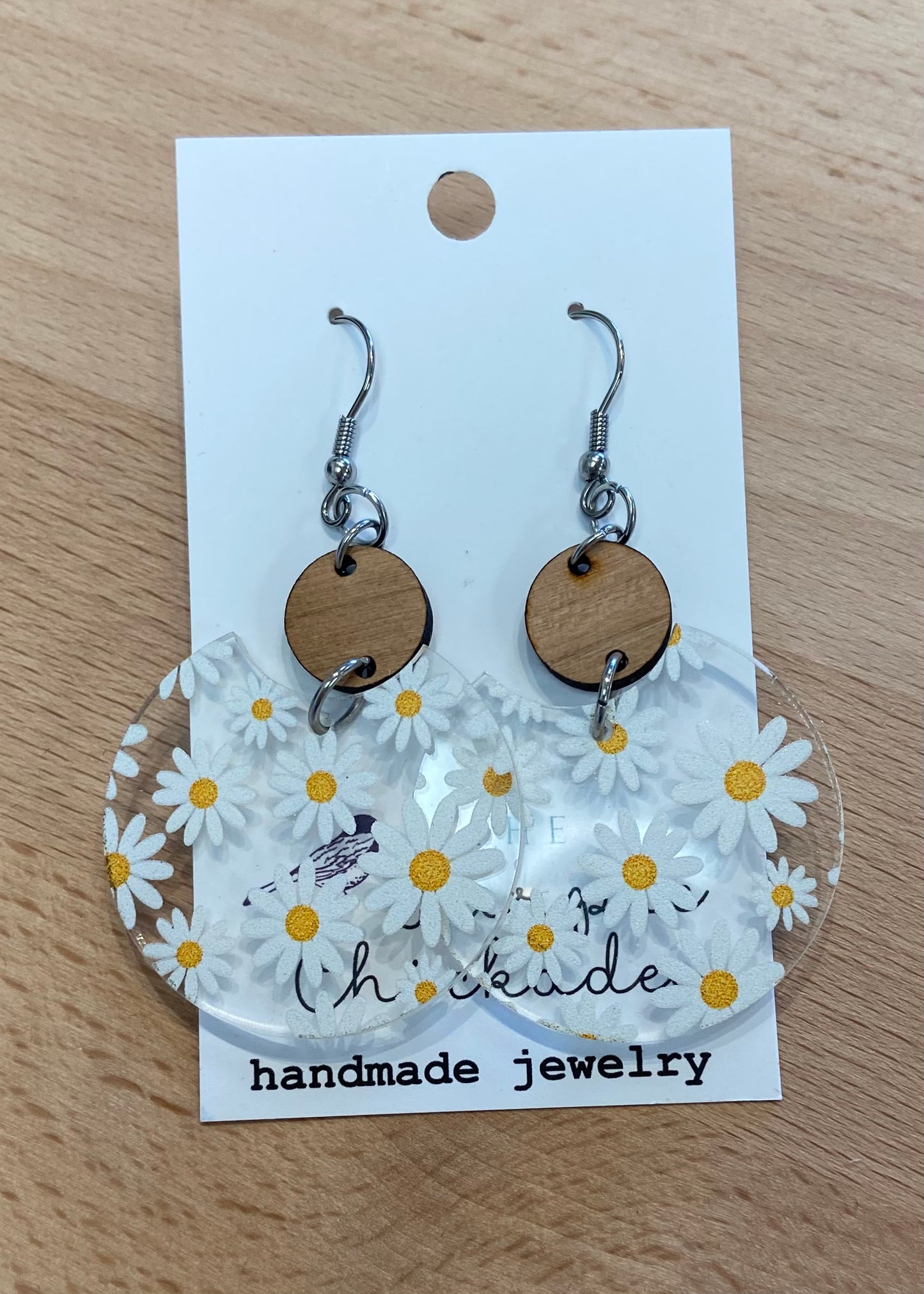 Acrylic & Wood Circle Earrings - White Daisies