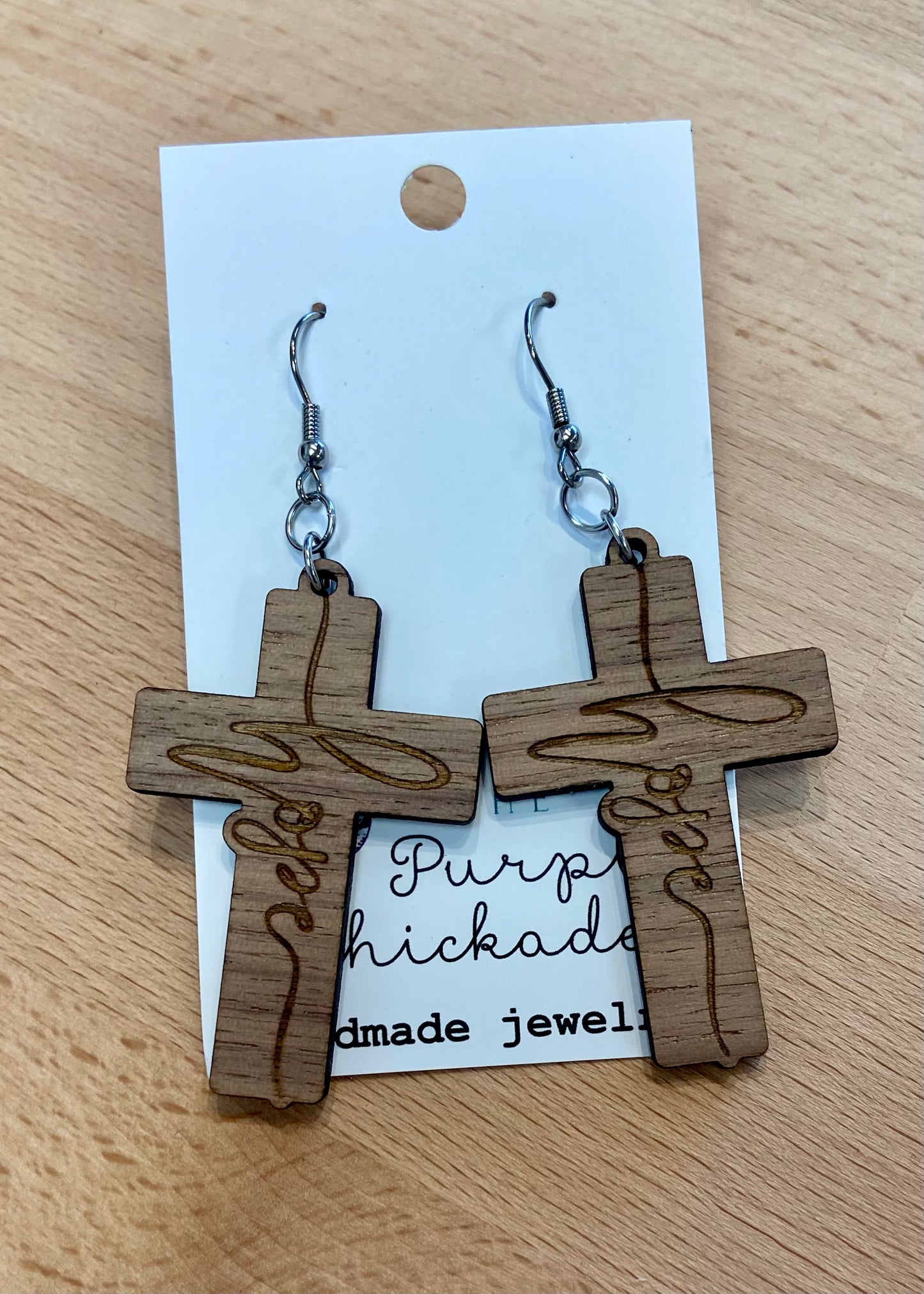 "Hope" Engraved Wooden Cross Earrings