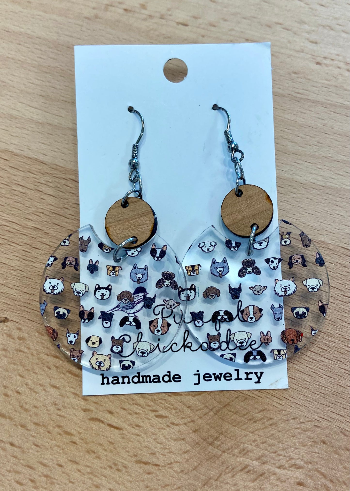 Acrylic & Wood Circle Earrings - Cute Dog Faces