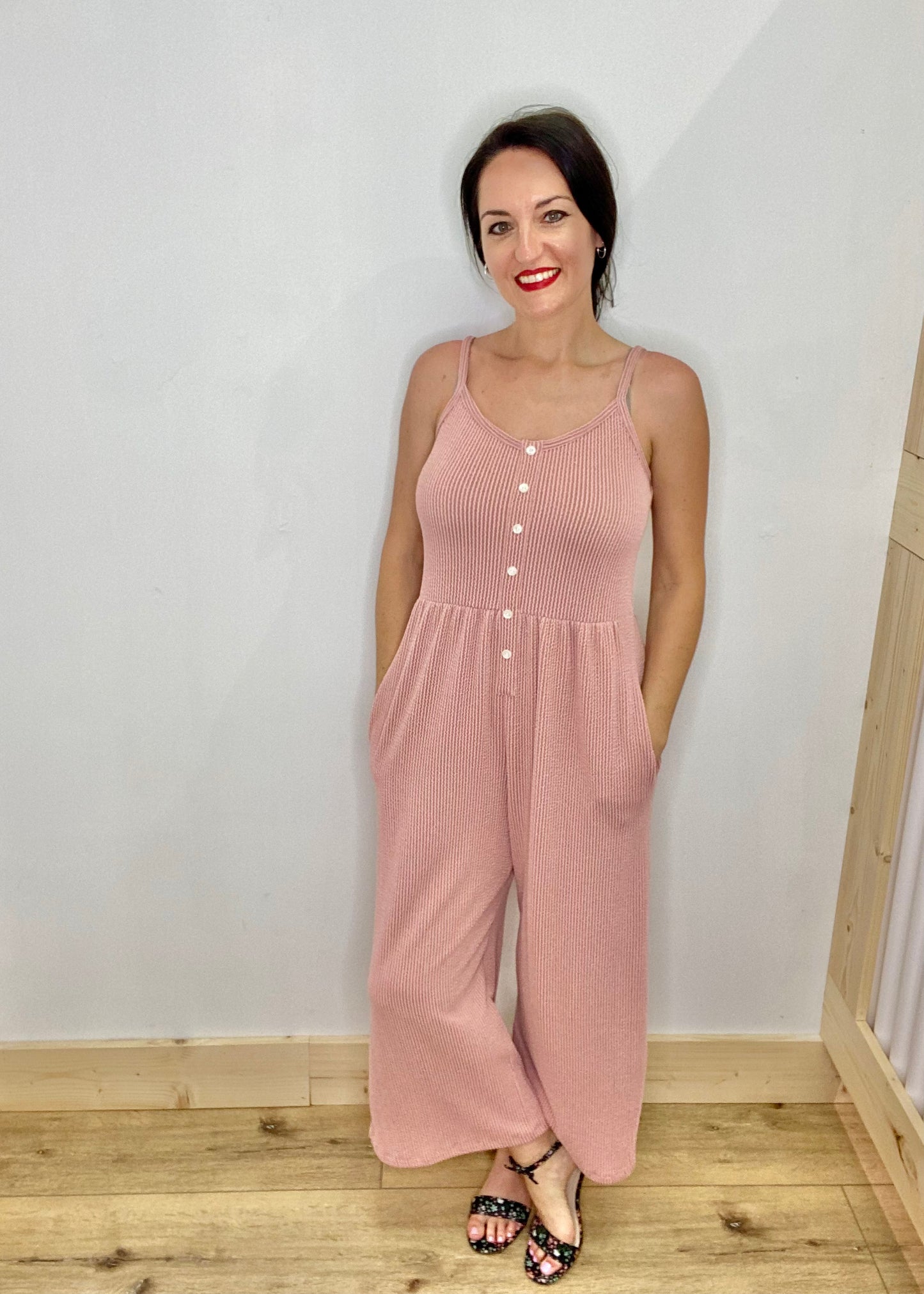 Girlfriend Button Up Ribbed Jumpsuit - Mauve