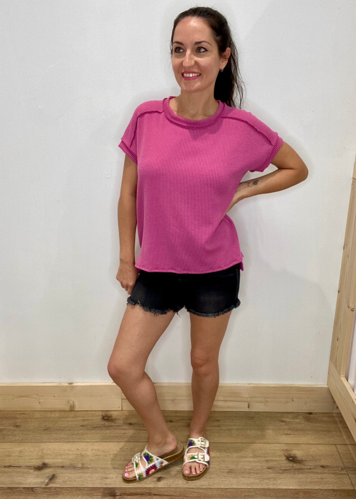 Soft Ribbed Round Neck Top - Fuchsia