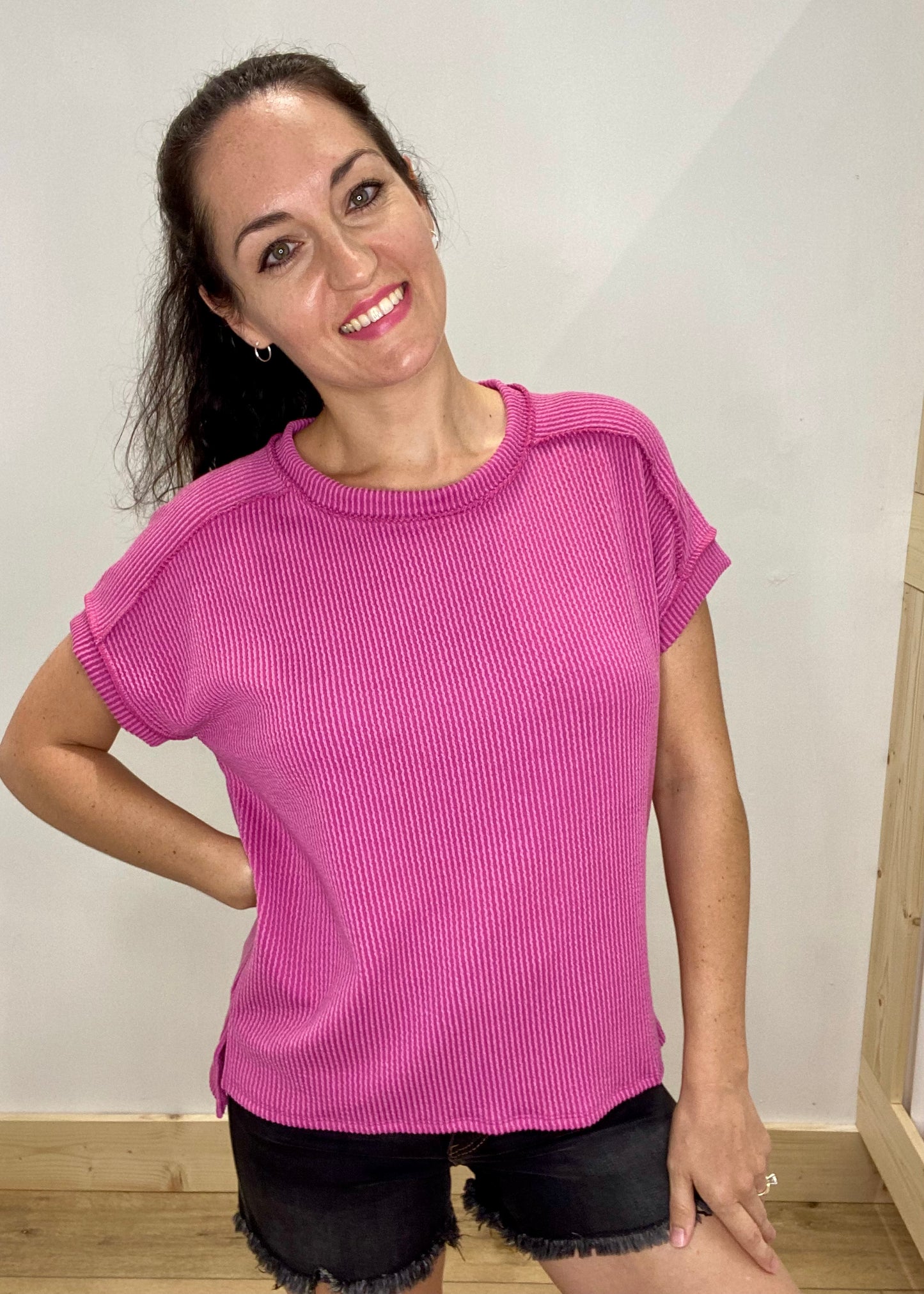 Soft Ribbed Round Neck Top - Fuchsia