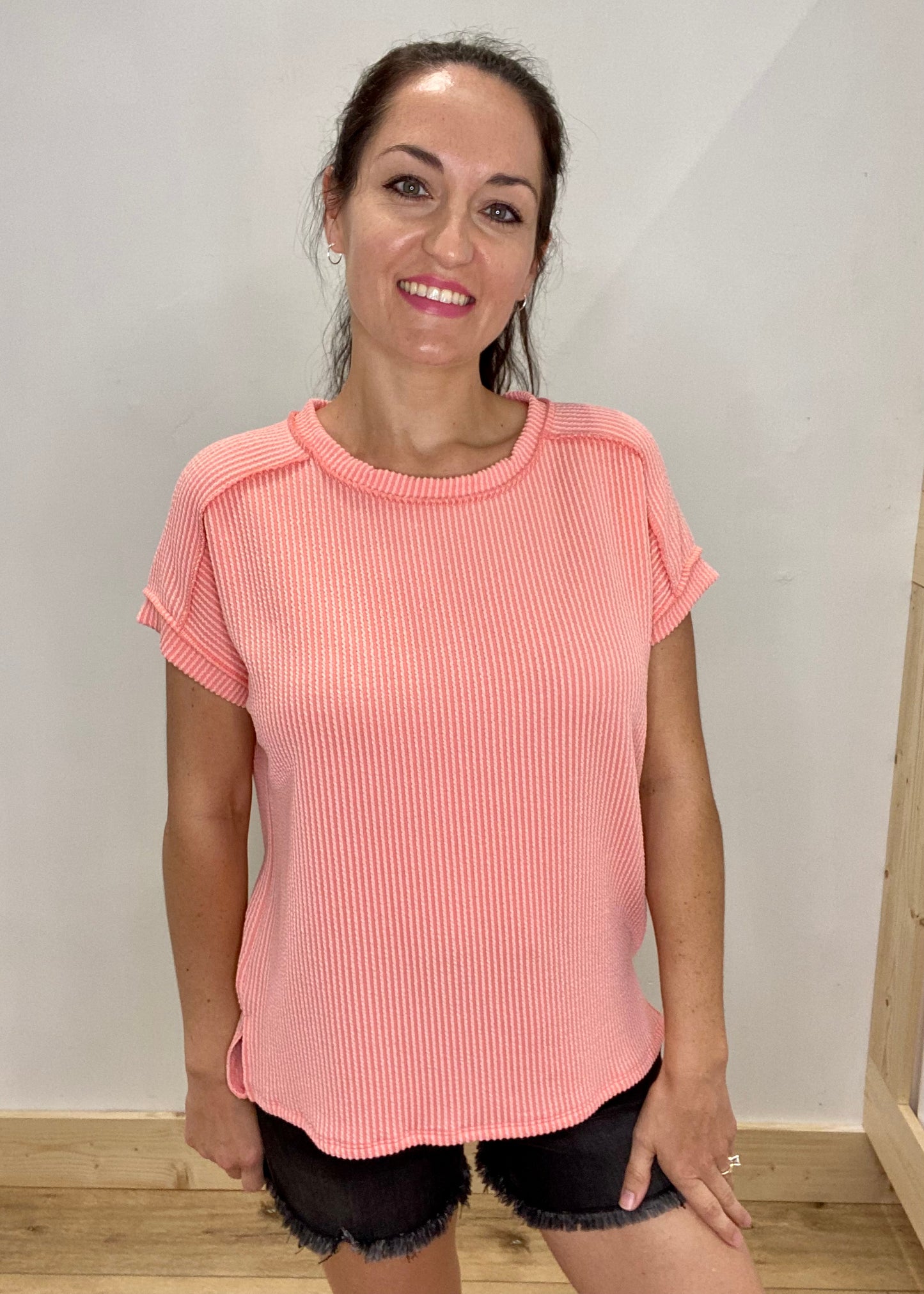 Soft Ribbed Round Neck Top - Coral