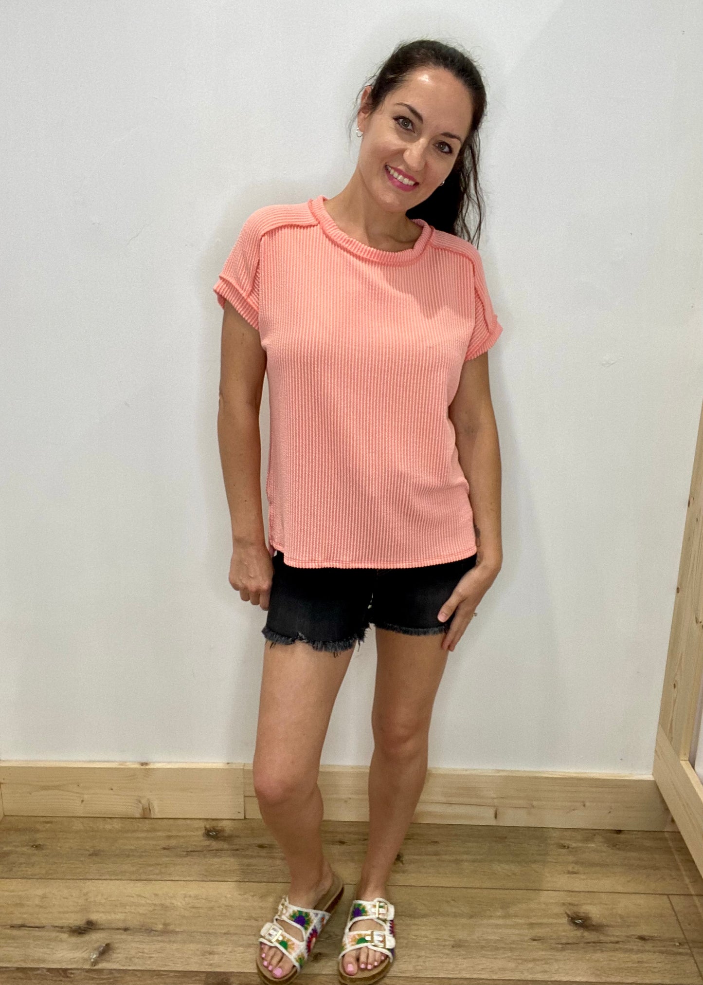 Soft Ribbed Round Neck Top - Coral