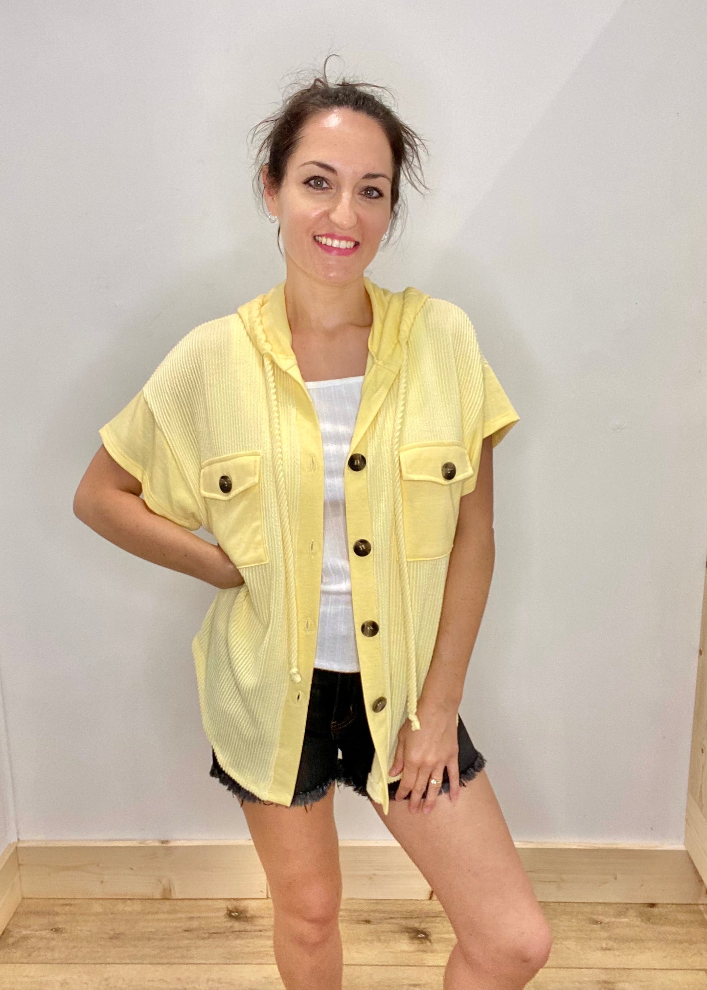 Summer Vibes Button Up Hoodie - Yellow