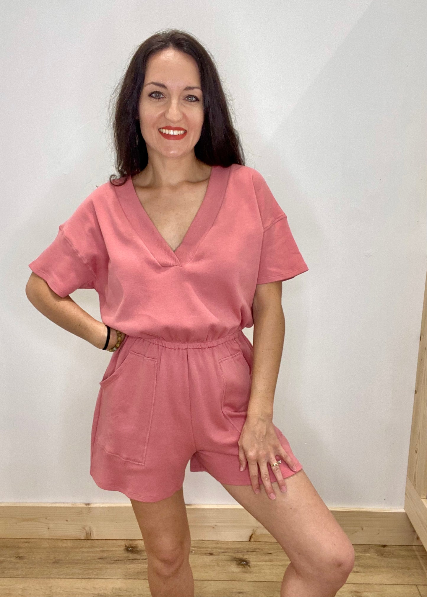 Zenana V-Neck Romper with Pockets - Dusty Rose