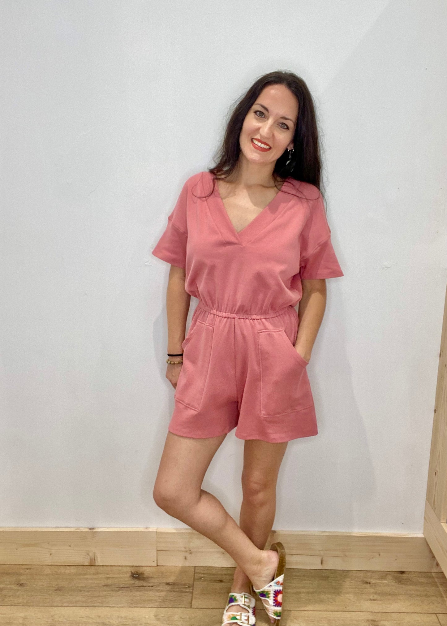 Zenana V-Neck Romper with Pockets - Dusty Rose