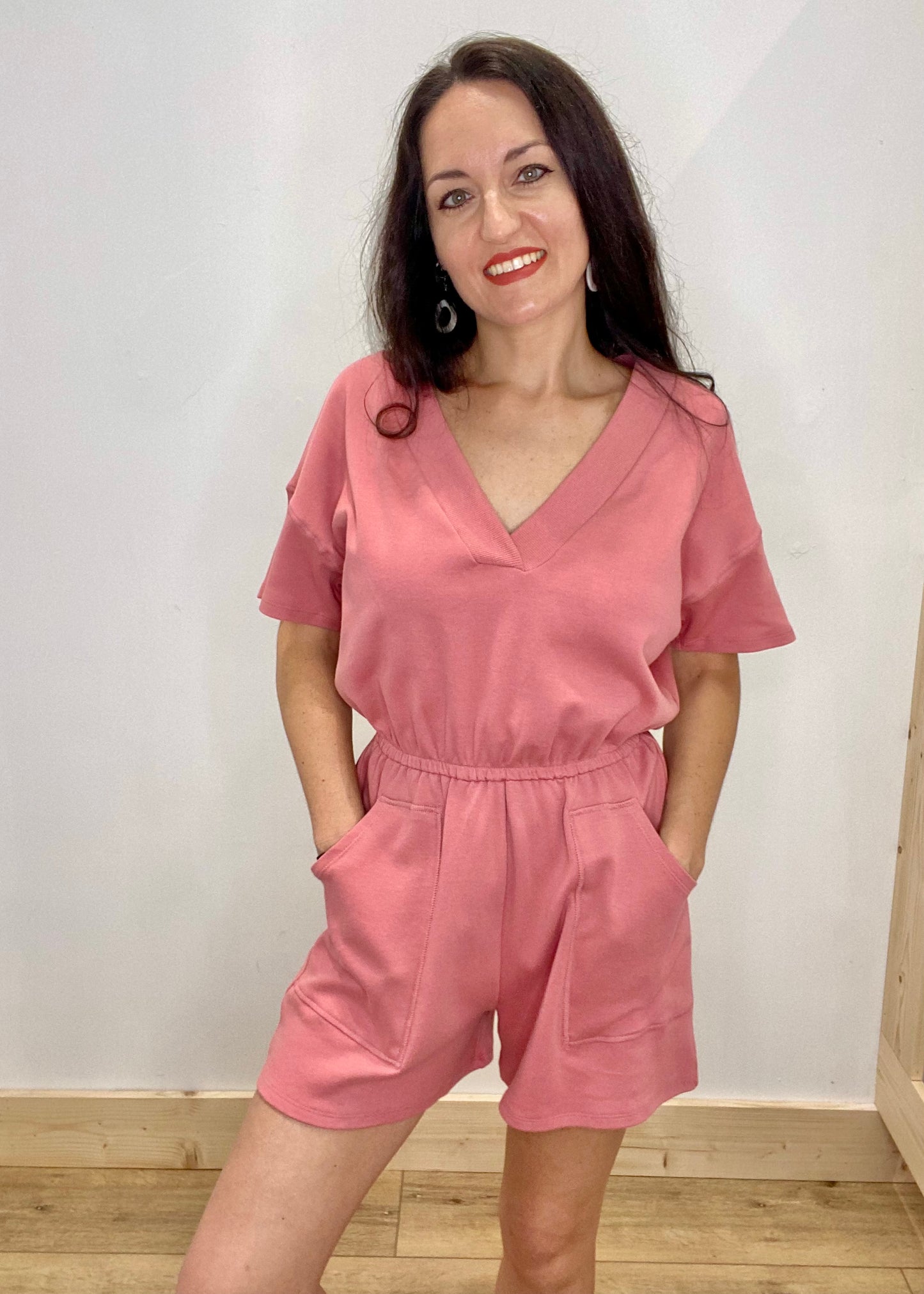 Zenana V-Neck Romper with Pockets - Dusty Rose