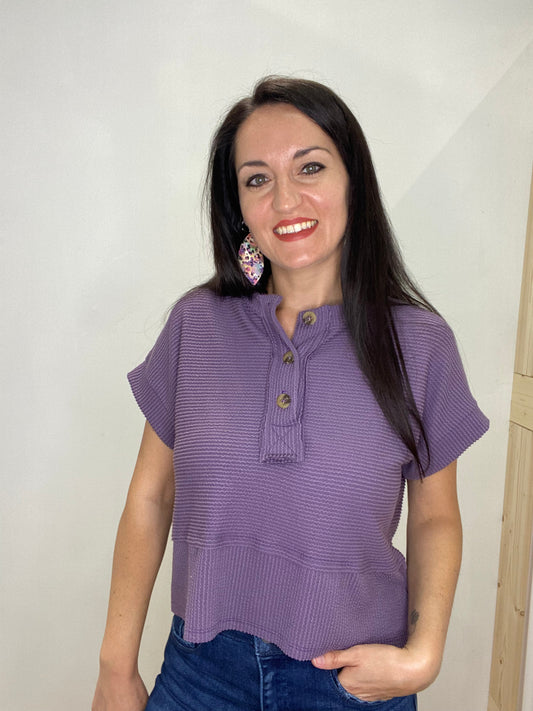 Feeling Fun Ribbed Button Up Top - Purple