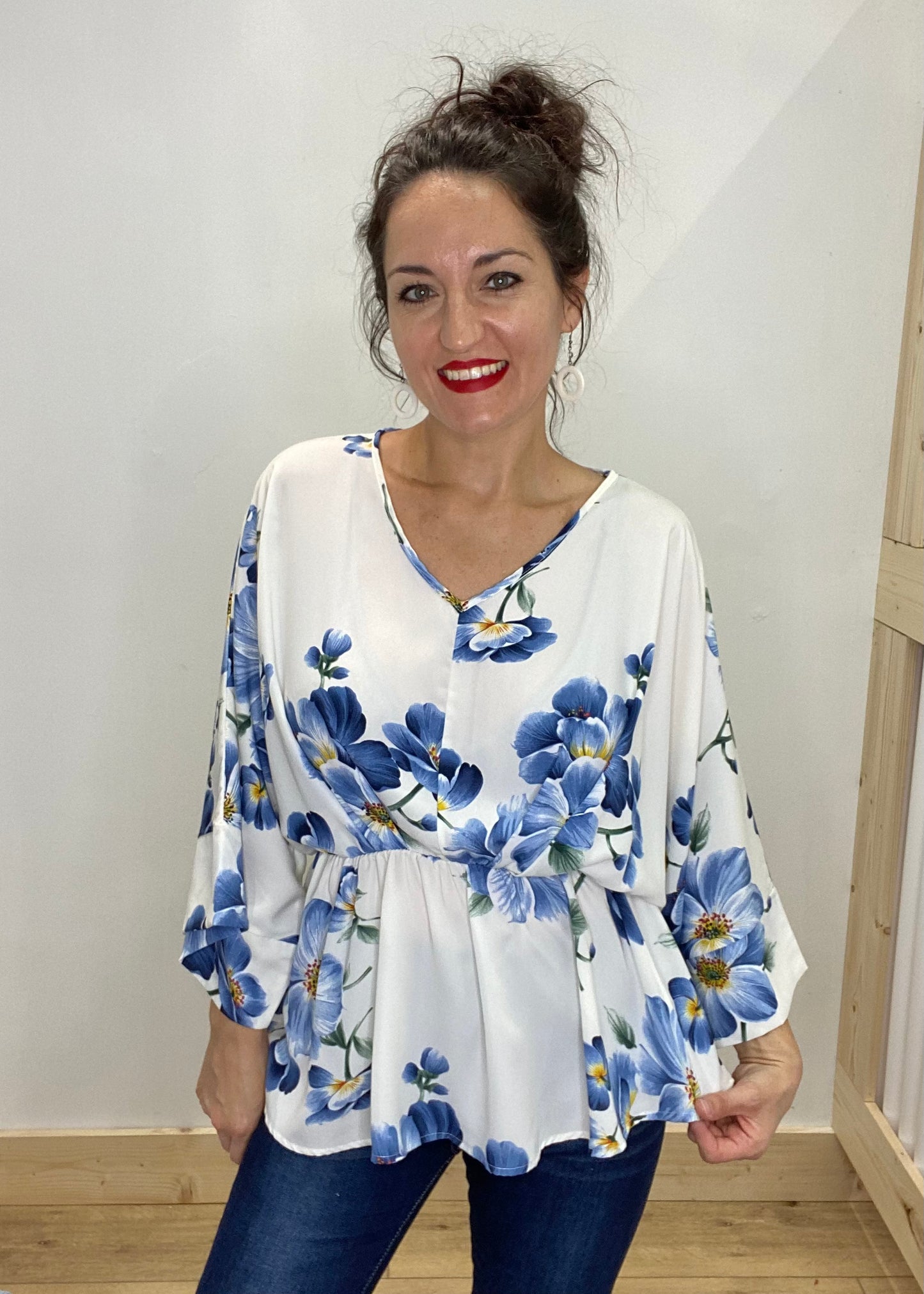 Elegant Ivory & Blue Floral Blouse