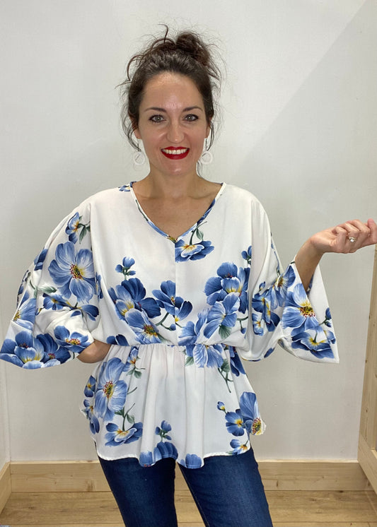 Elegant Ivory & Blue Floral Blouse