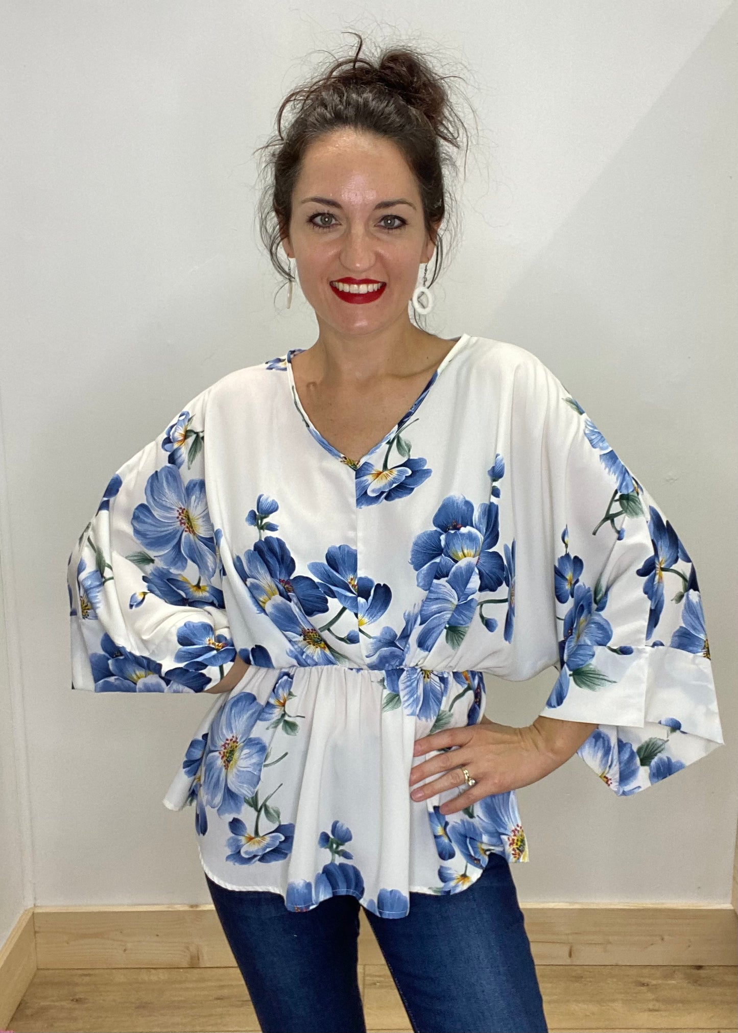 Elegant Ivory & Blue Floral Blouse