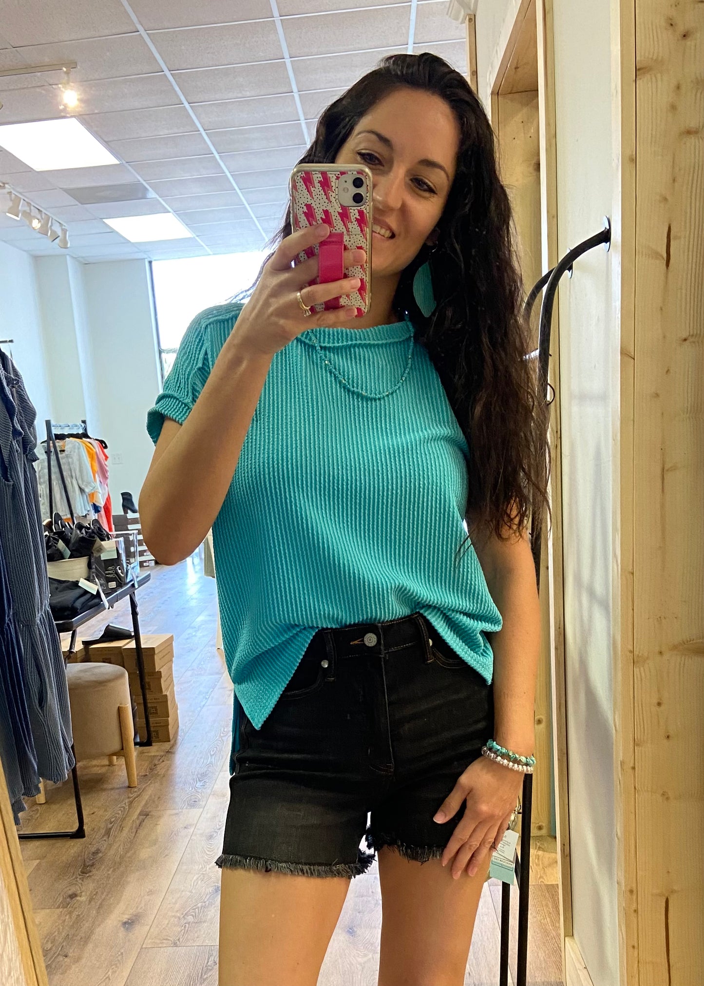 Soft Ribbed Round Neck Top - Turquoise