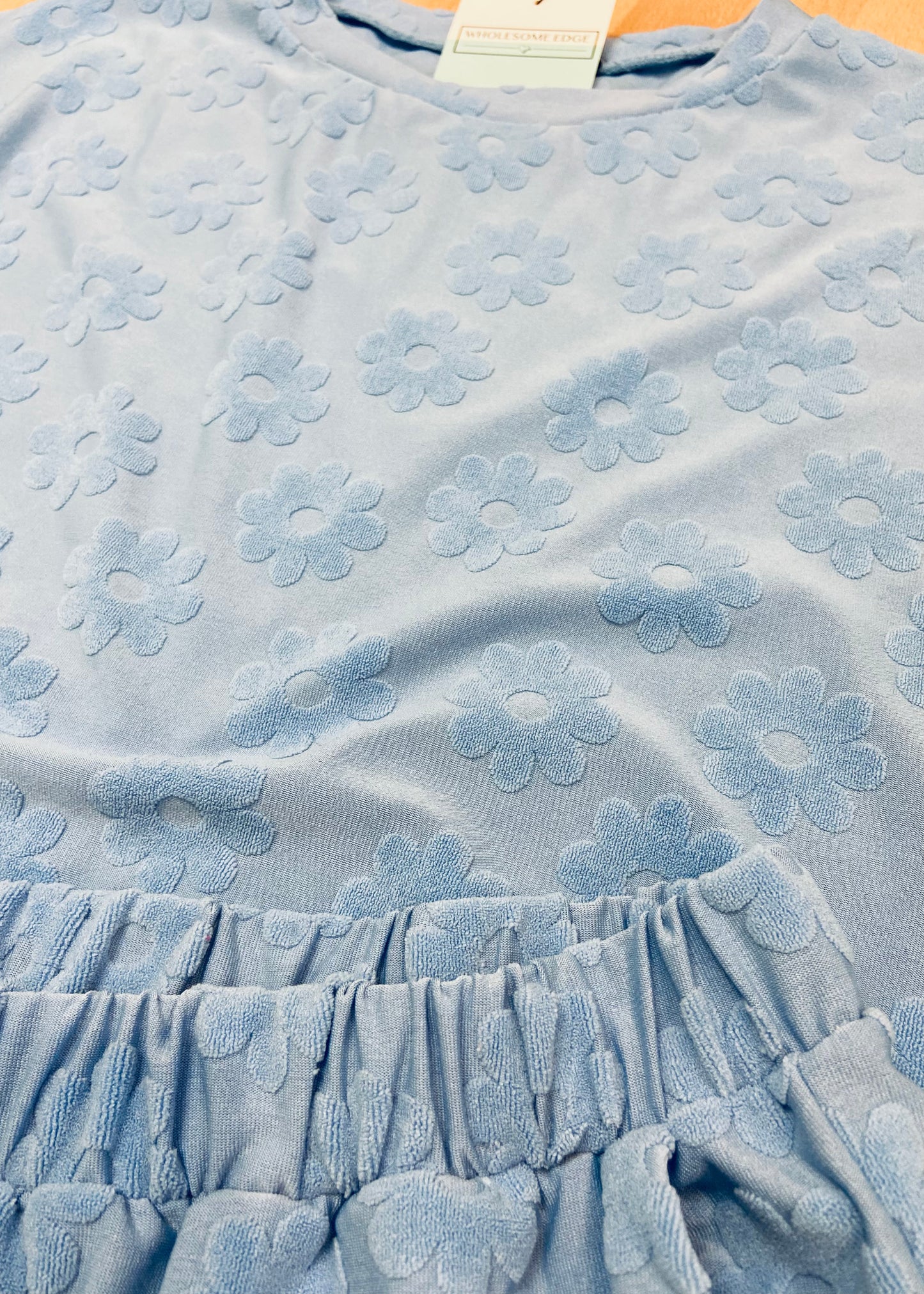 Flower Embossed Set - Top & Shorts - Light Blue