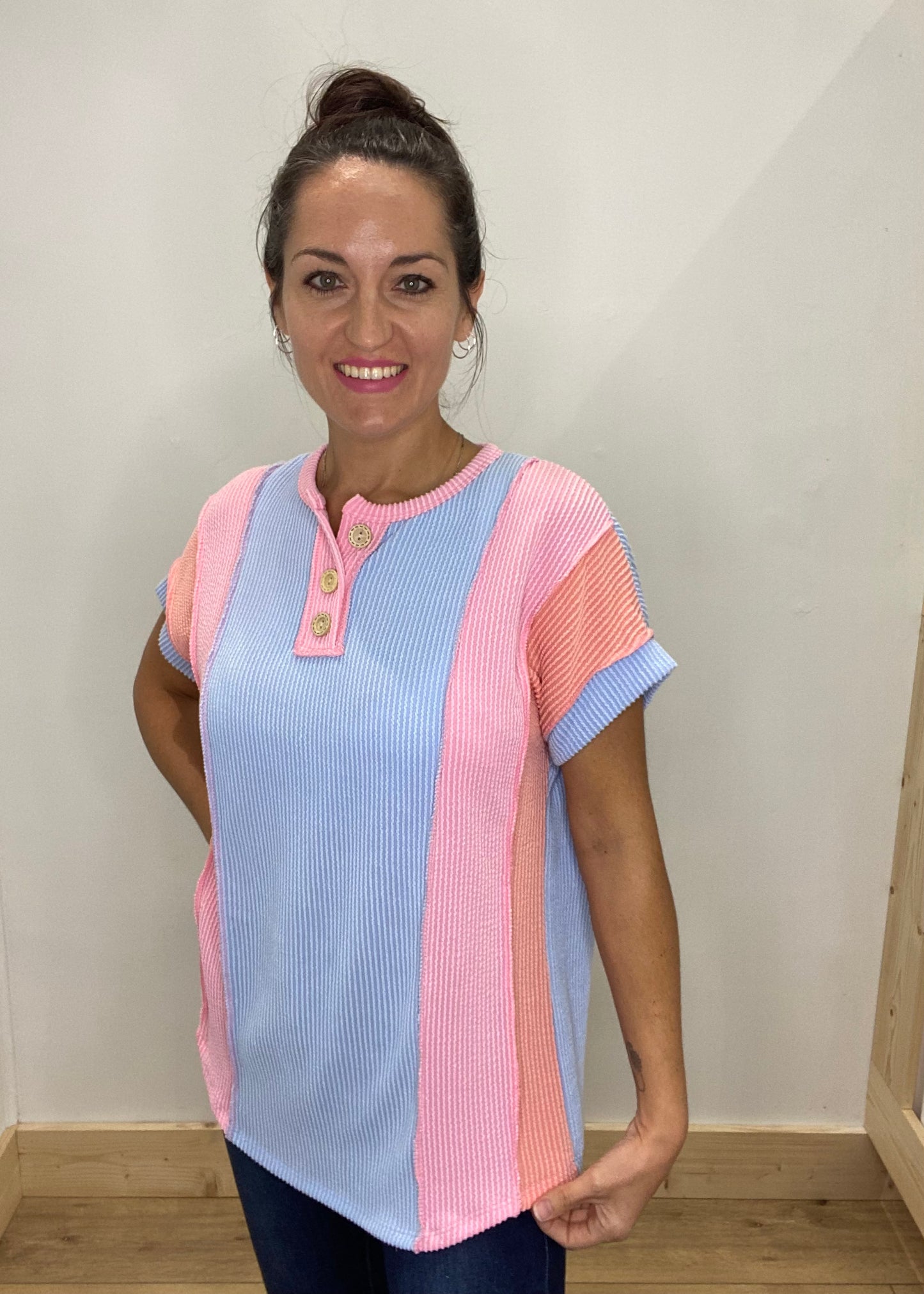 Colorblock Ribbed Button Neck Top - Blue Combo