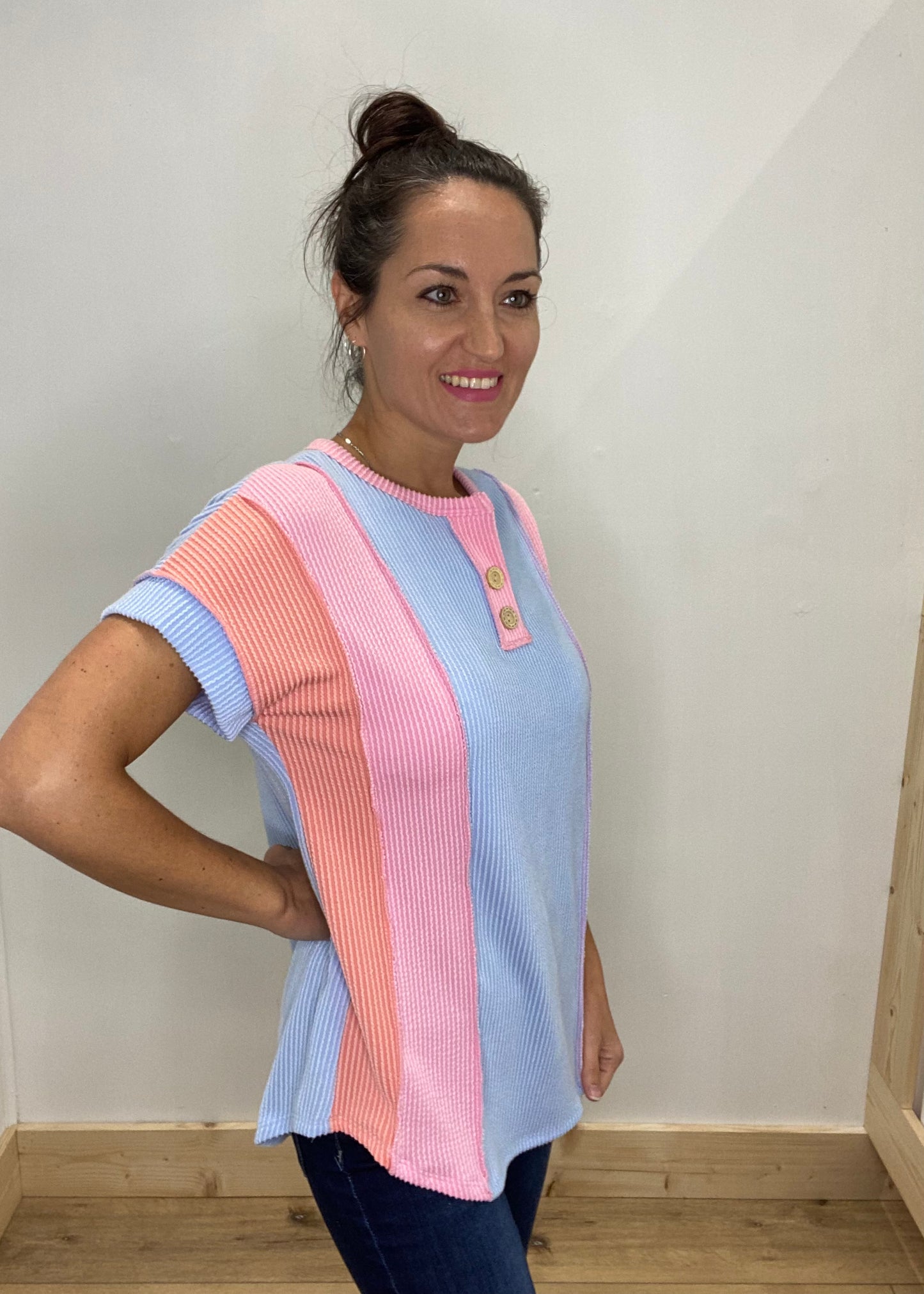 Colorblock Ribbed Button Neck Top - Blue Combo