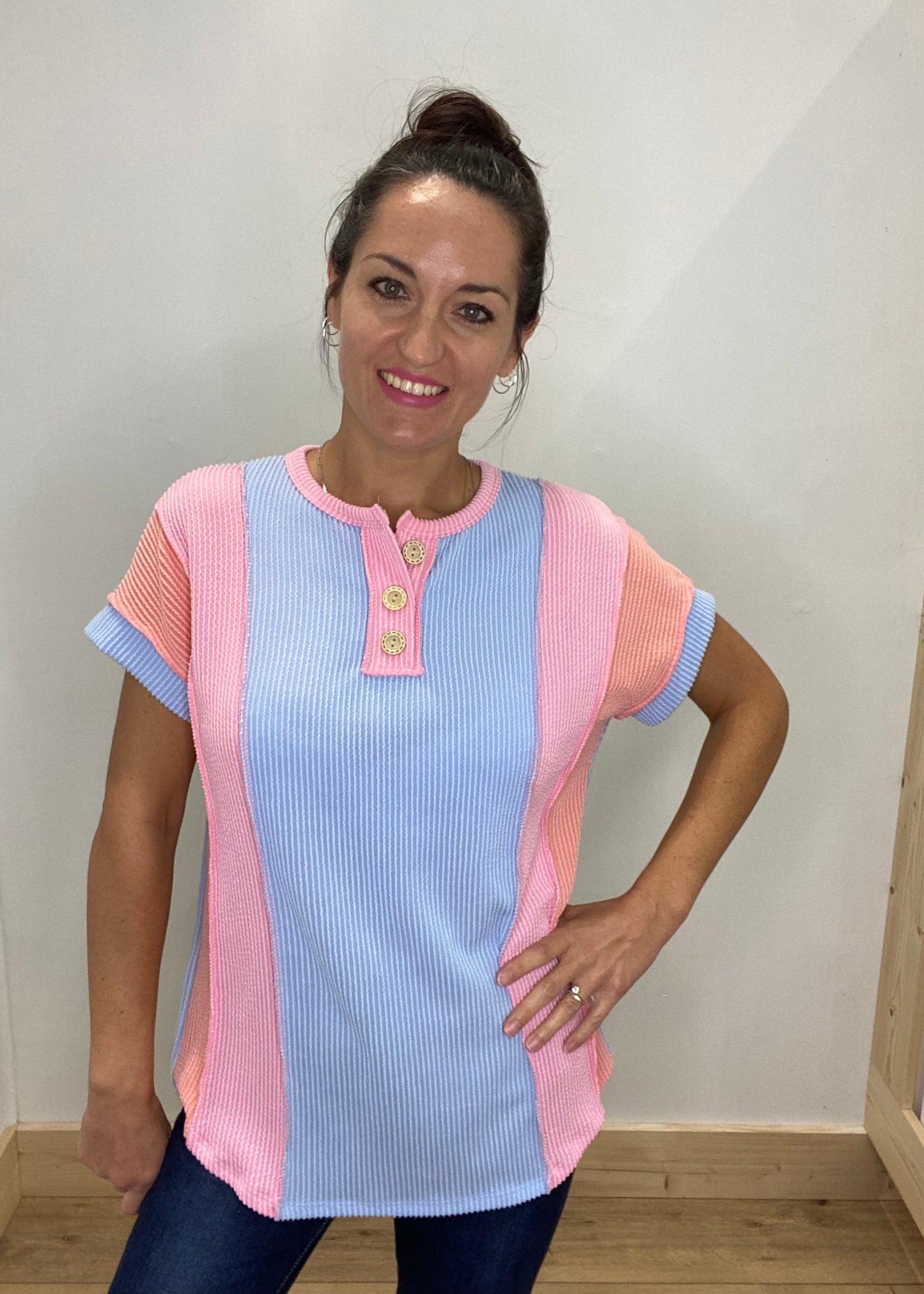 Colorblock Ribbed Button Neck Top - Blue Combo