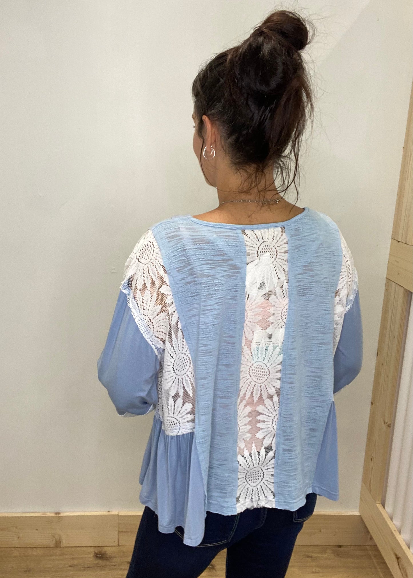 POL Sunflower Lace V-Neck Long Sleeve Top - Blue