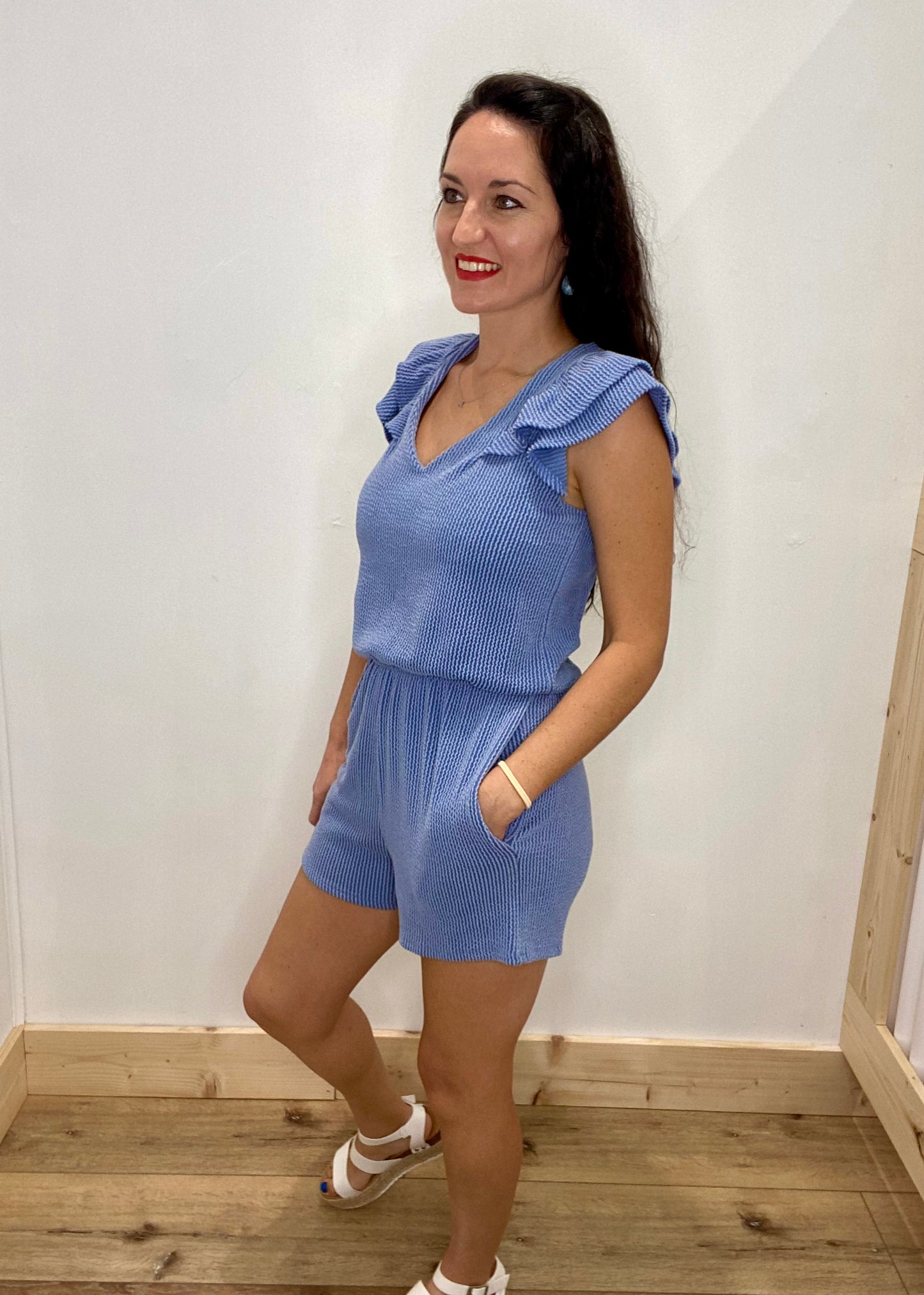 Soft Ribbed Ruffled Romper - Denim Blue