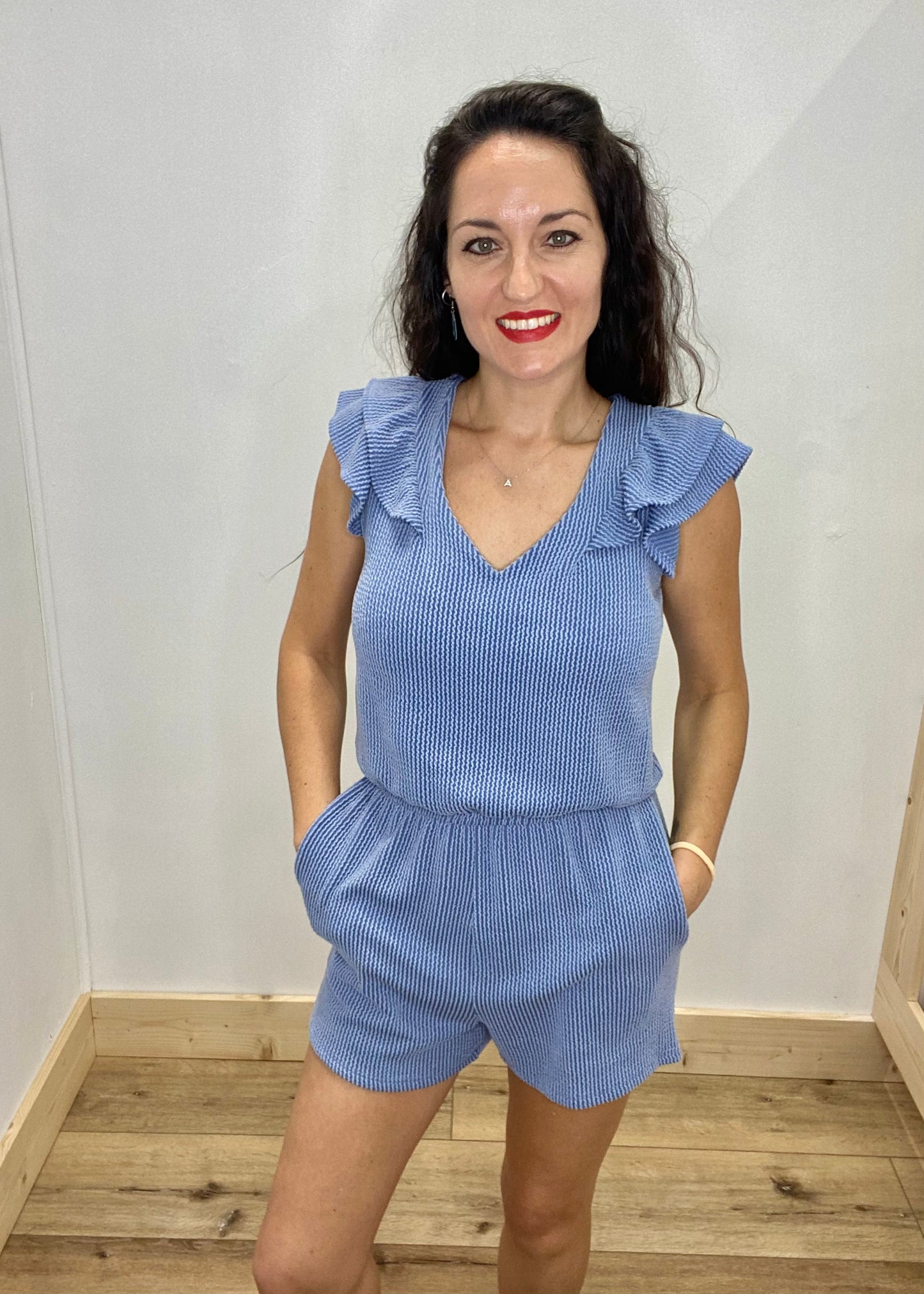 Soft Ribbed Ruffled Romper - Denim Blue