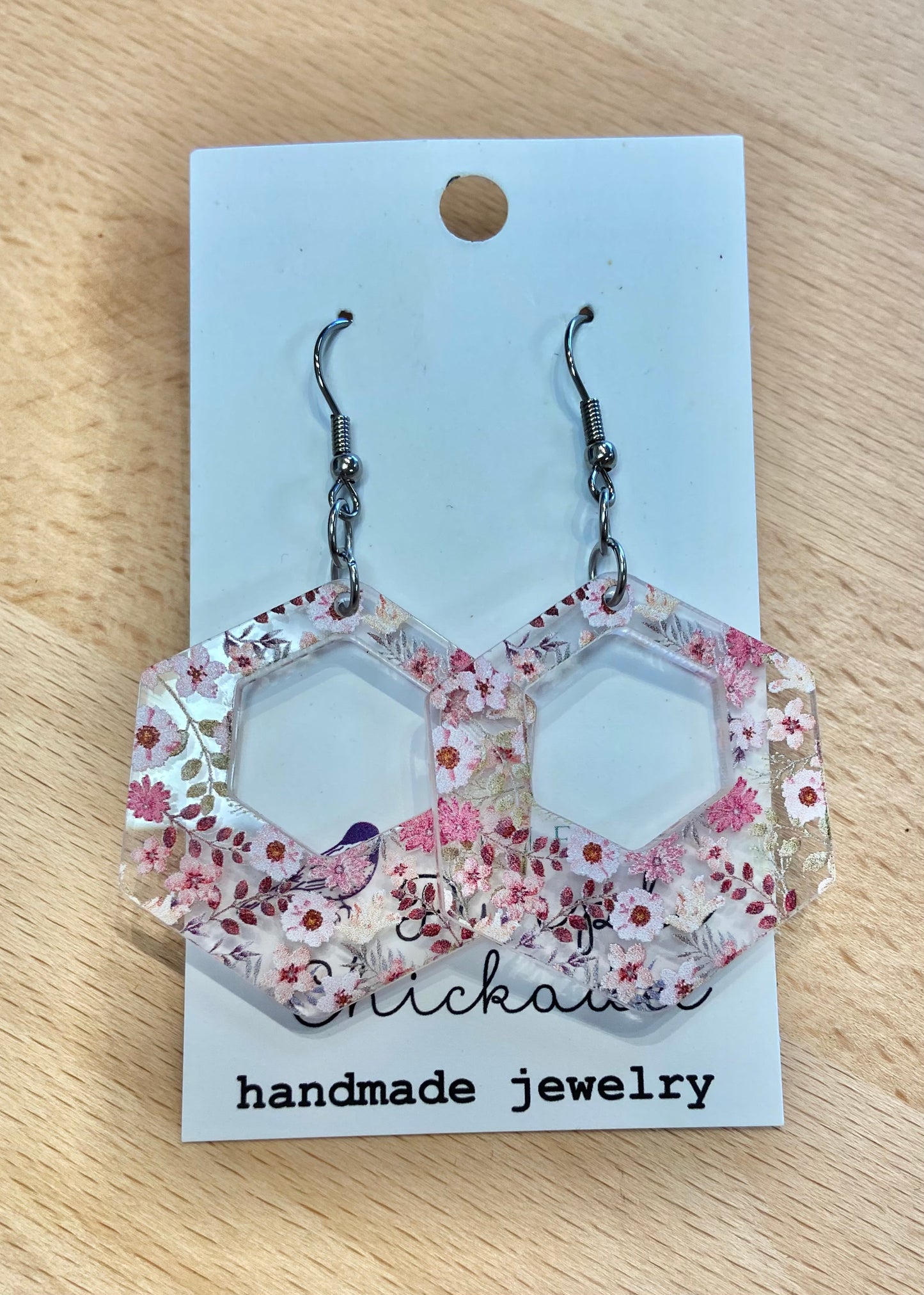 Acrylic Hexagon Earrings - Pink Floral