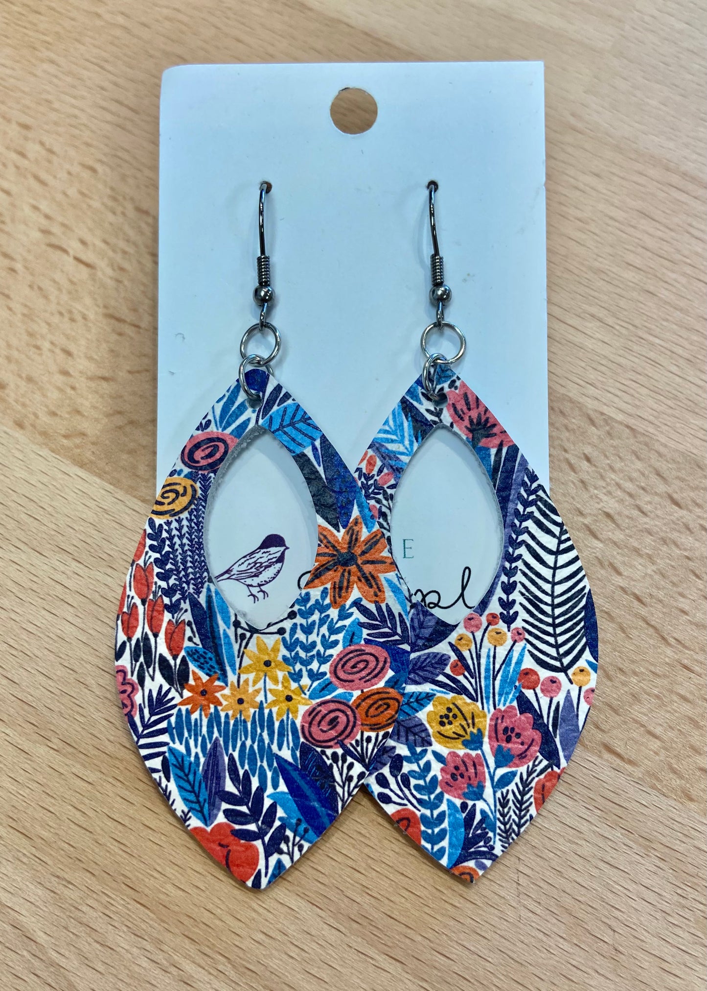 Open Teardrop Leather Earrings - Blue Tropical Floral