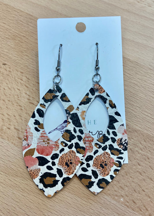 Open Teardrop Leather Earrings - Leopard Floral