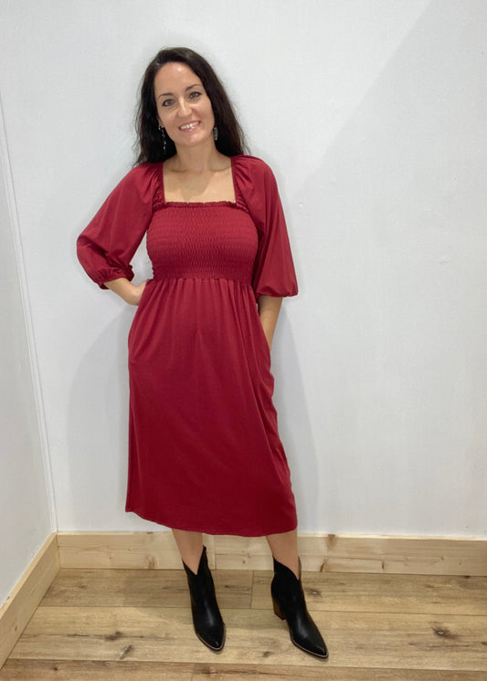 Comfy Smocked Tie Back Dress - Red Wine