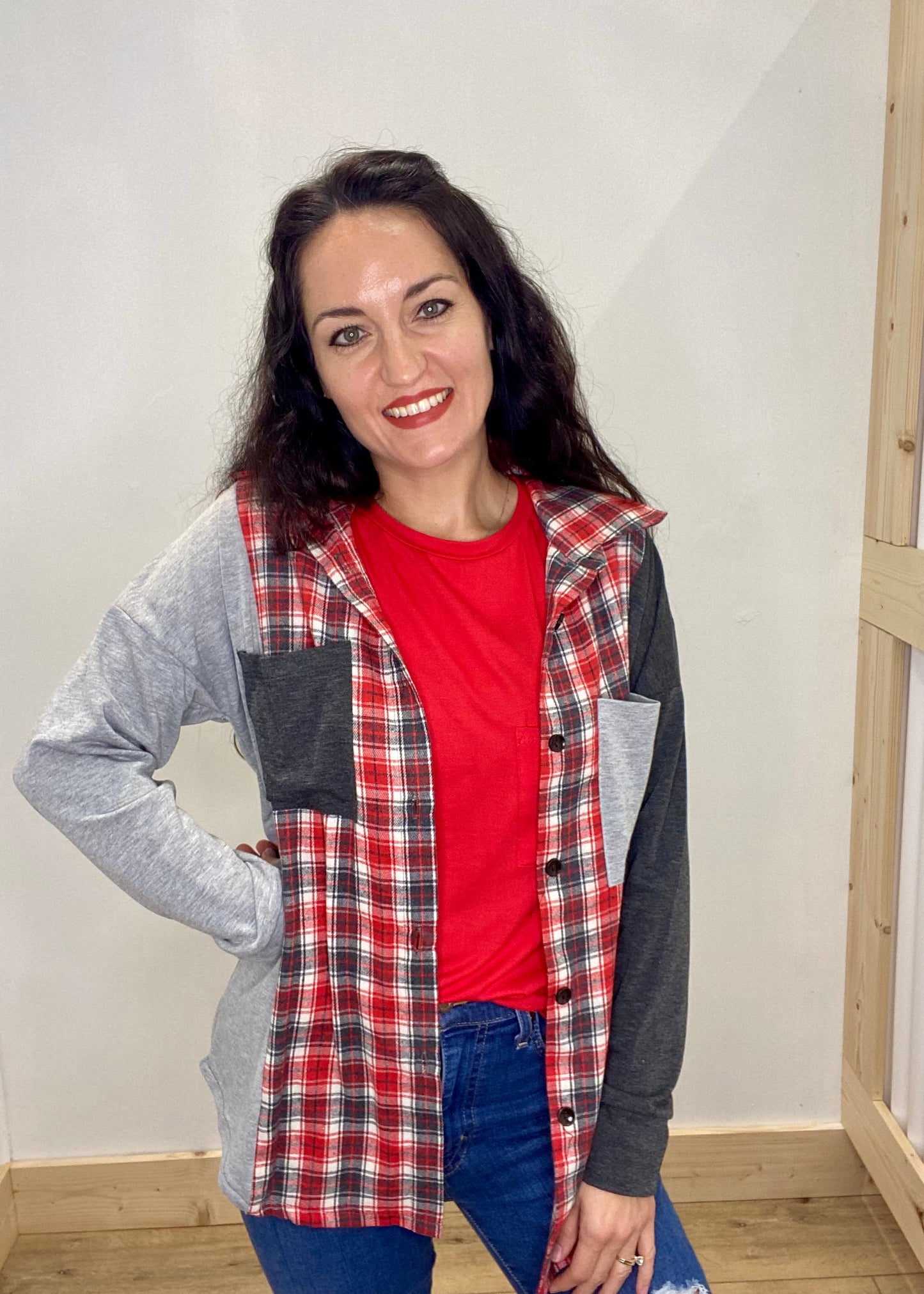 Decked Out Plaid Shacket Top - Red/Gray