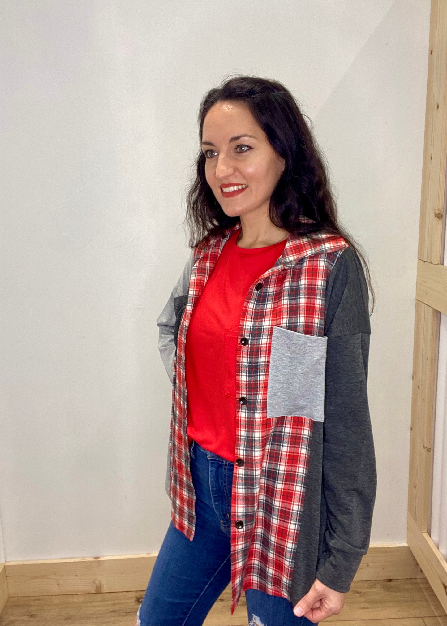 Decked Out Plaid Shacket Top - Red/Gray