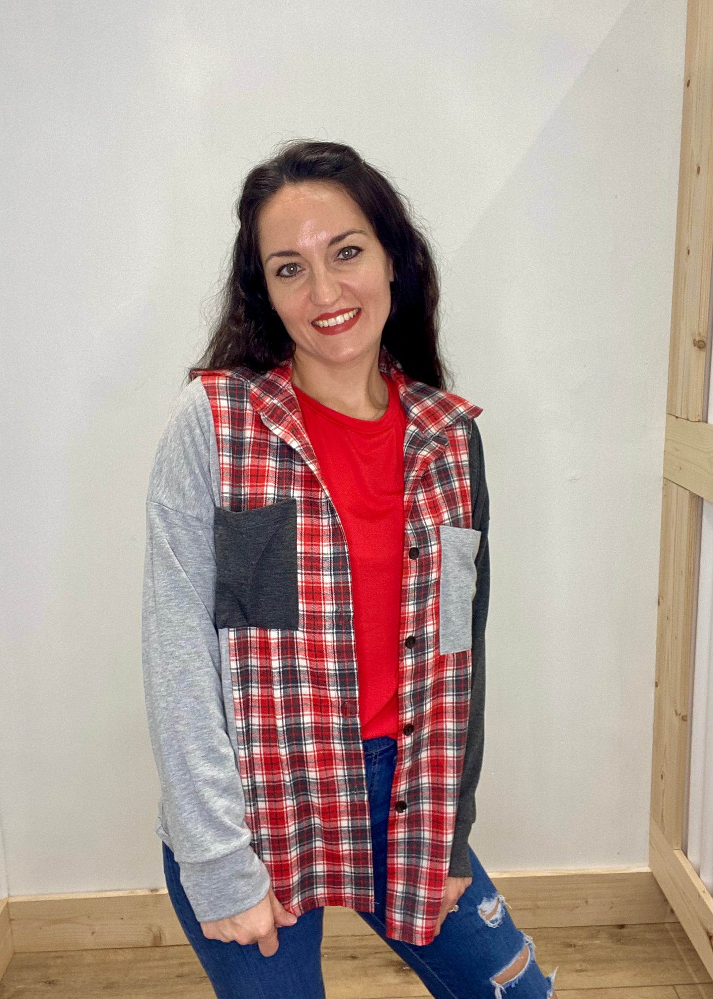 Decked Out Plaid Shacket Top - Red/Gray