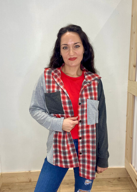 Decked Out Plaid Shacket Top - Red/Gray