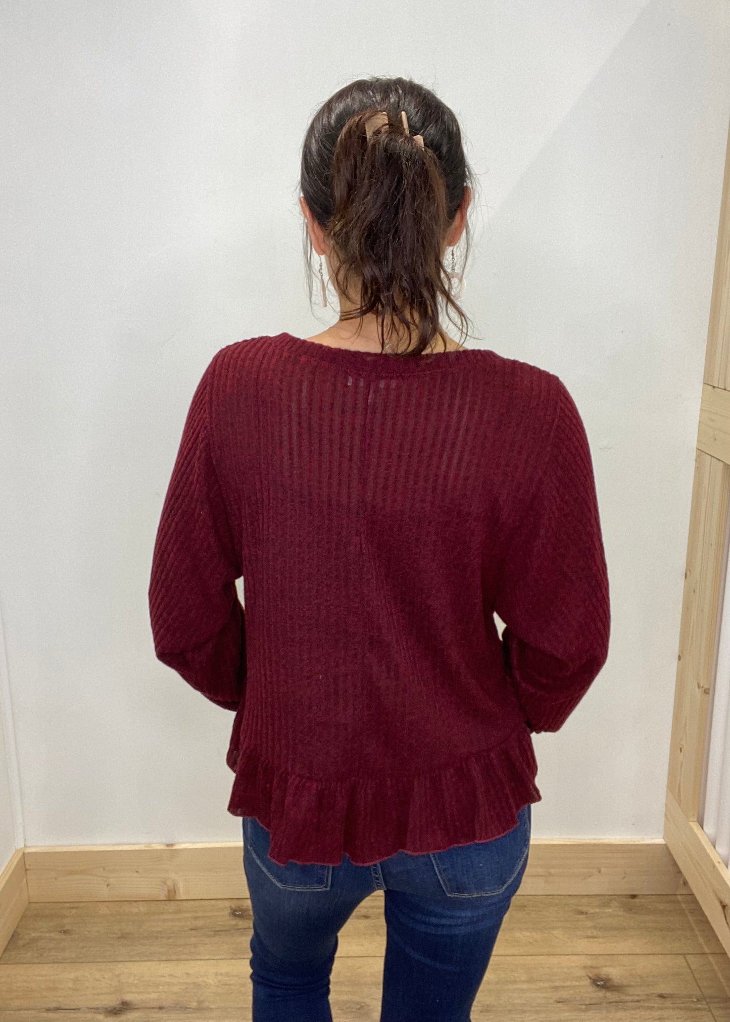 Ruffled Bottom Ribbed Top - Burgundy