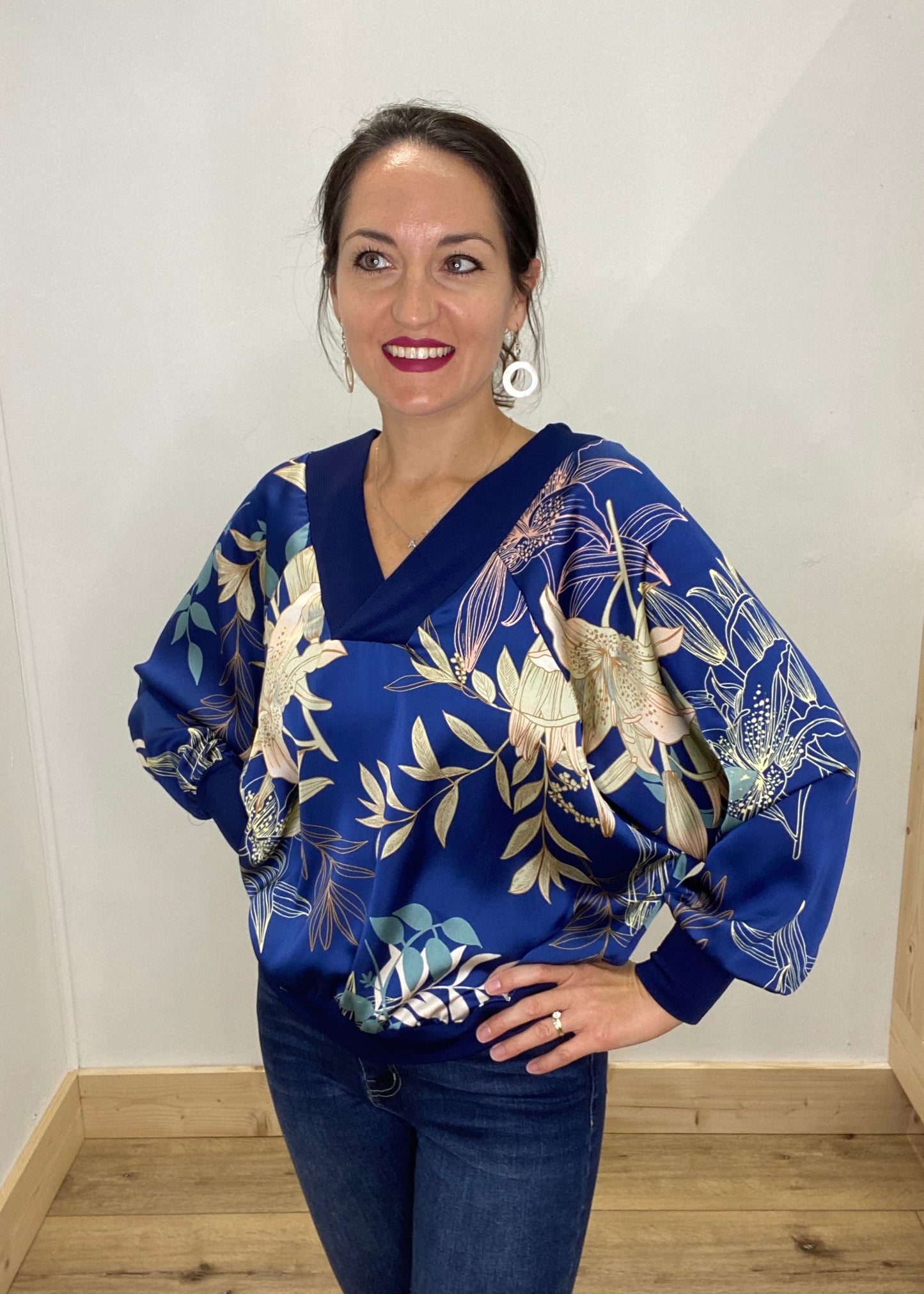 Elegant Floral Navy Satin Blouse