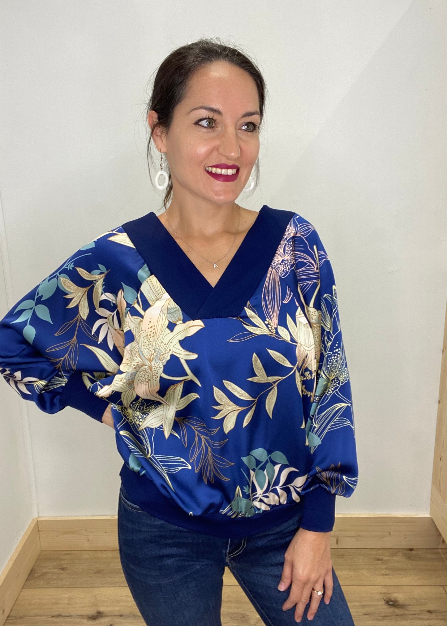 Elegant Floral Navy Satin Blouse