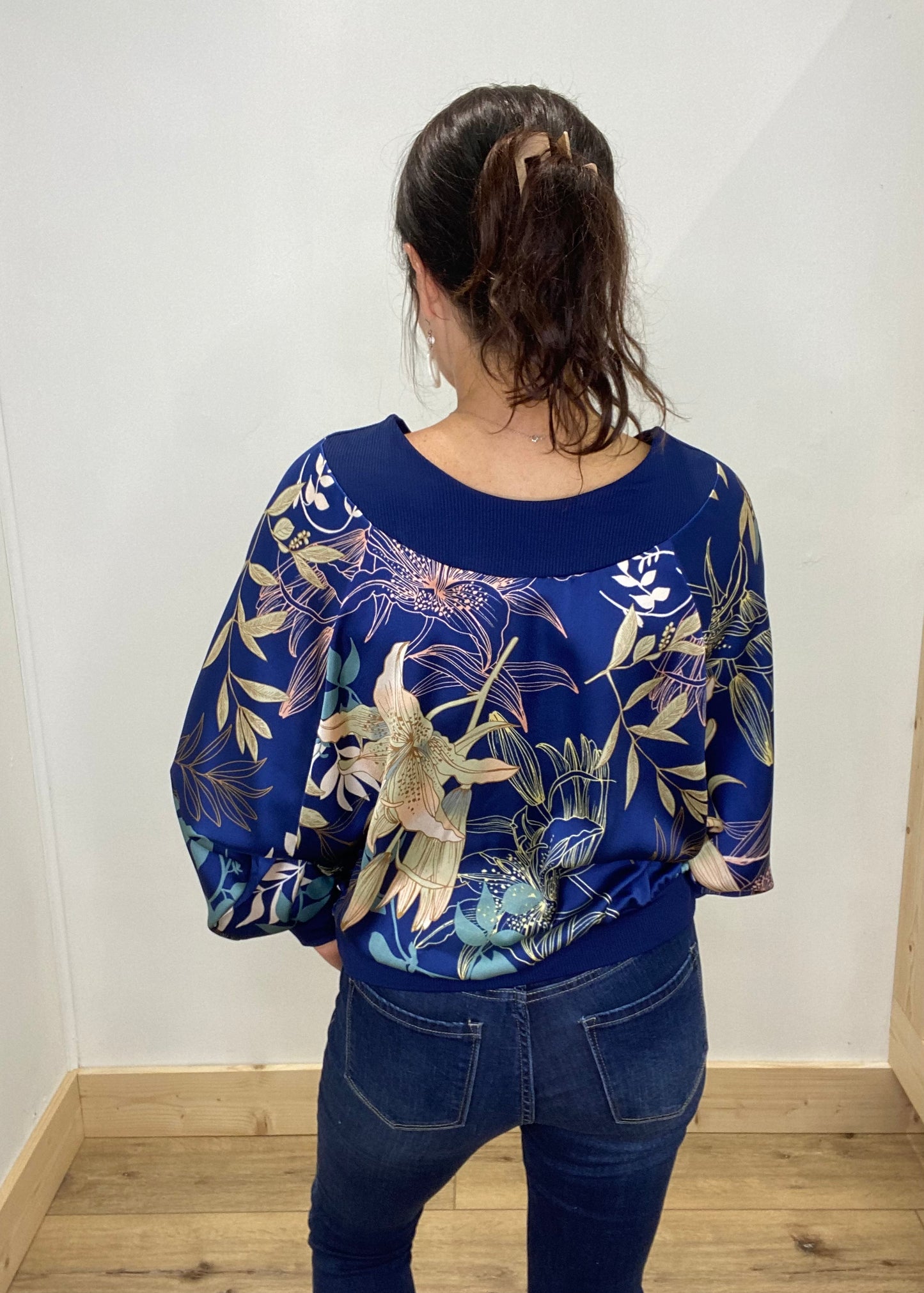 Elegant Floral Navy Satin Blouse