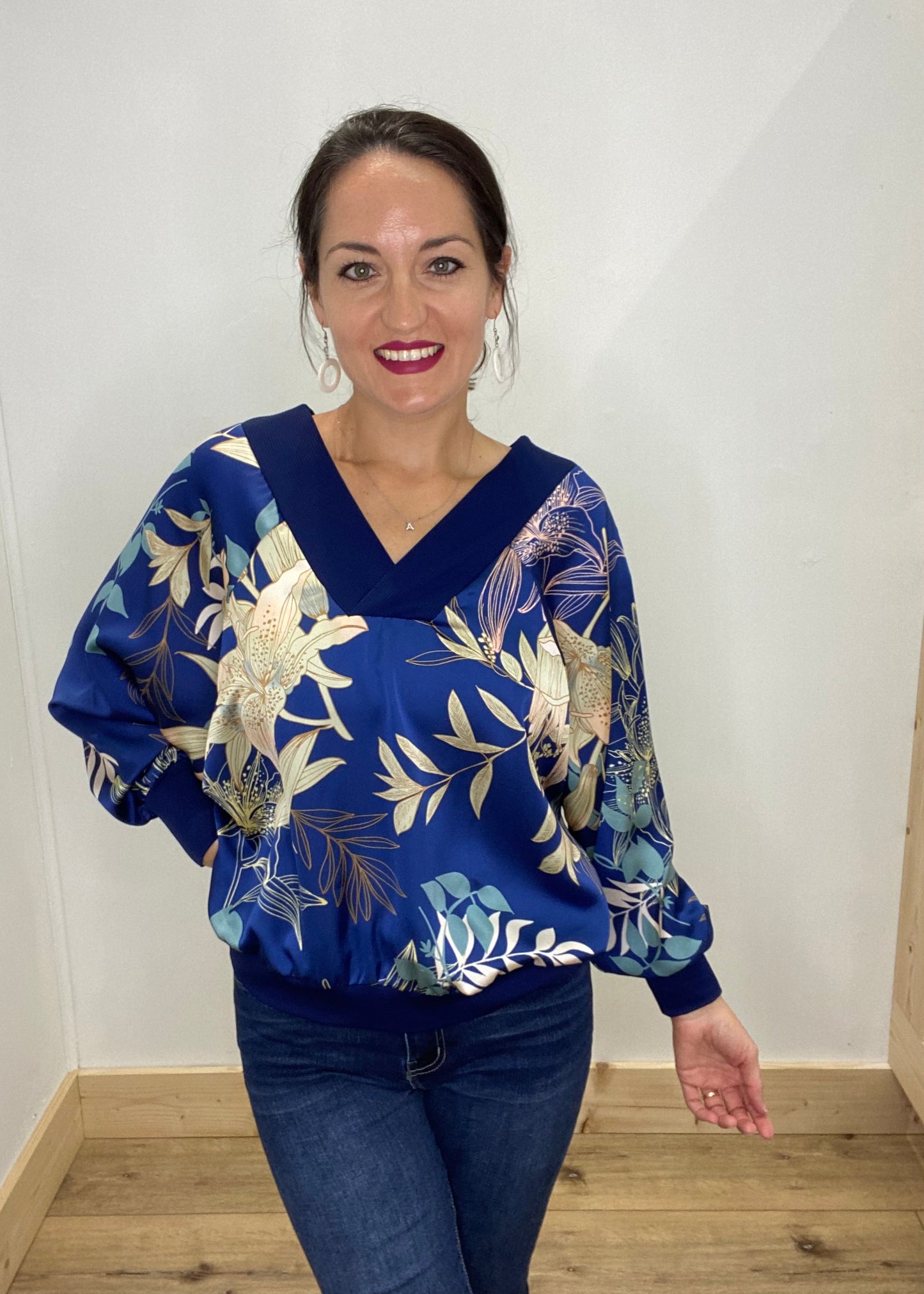 Elegant Floral Navy Satin Blouse