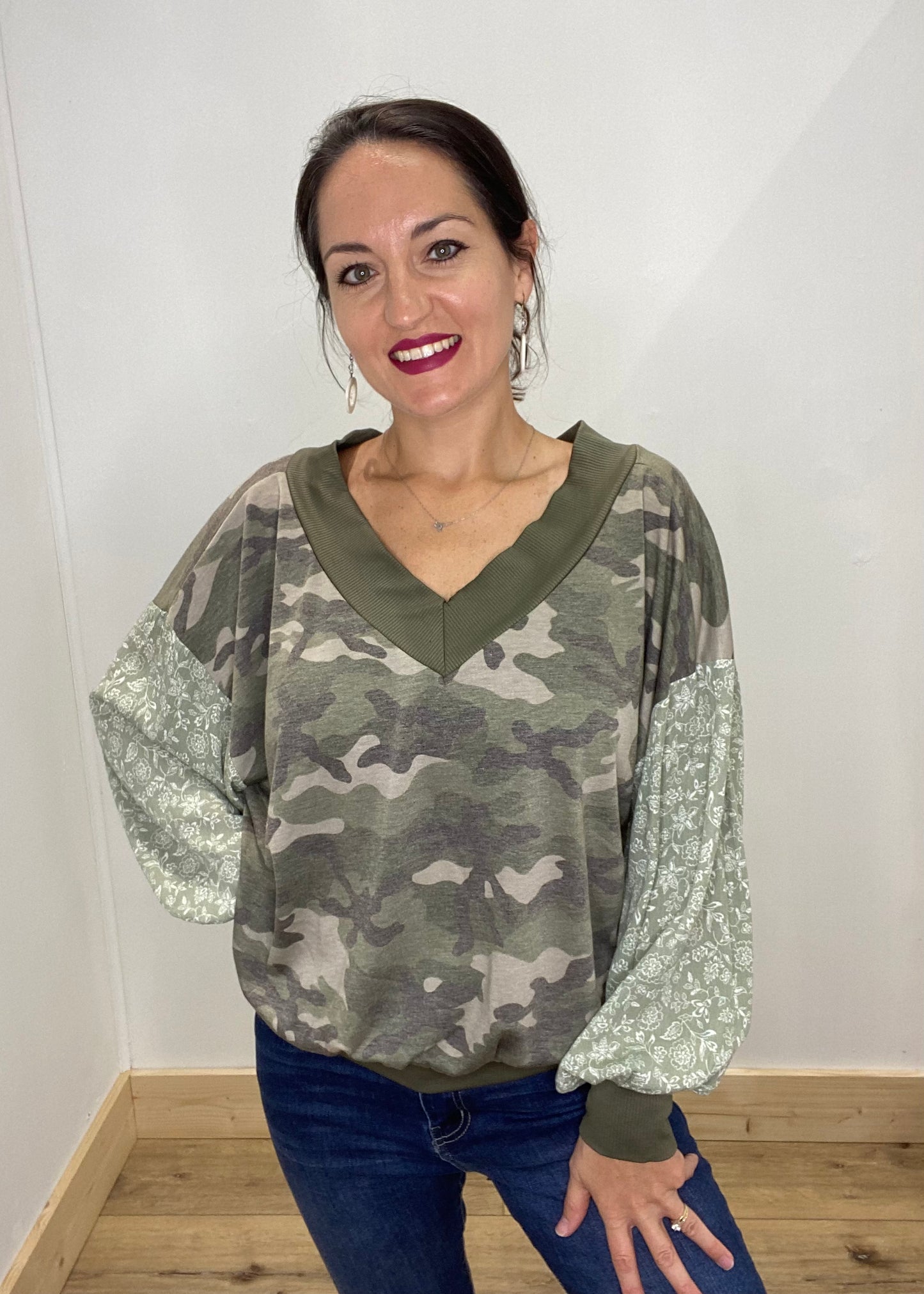 Camo & Floral V-Neck Top