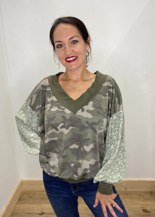 Camo & Floral V-Neck Top