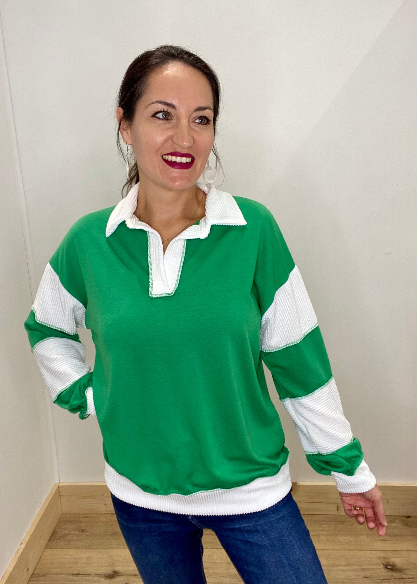 Banded Sleeve Collared Top - Kelly Green