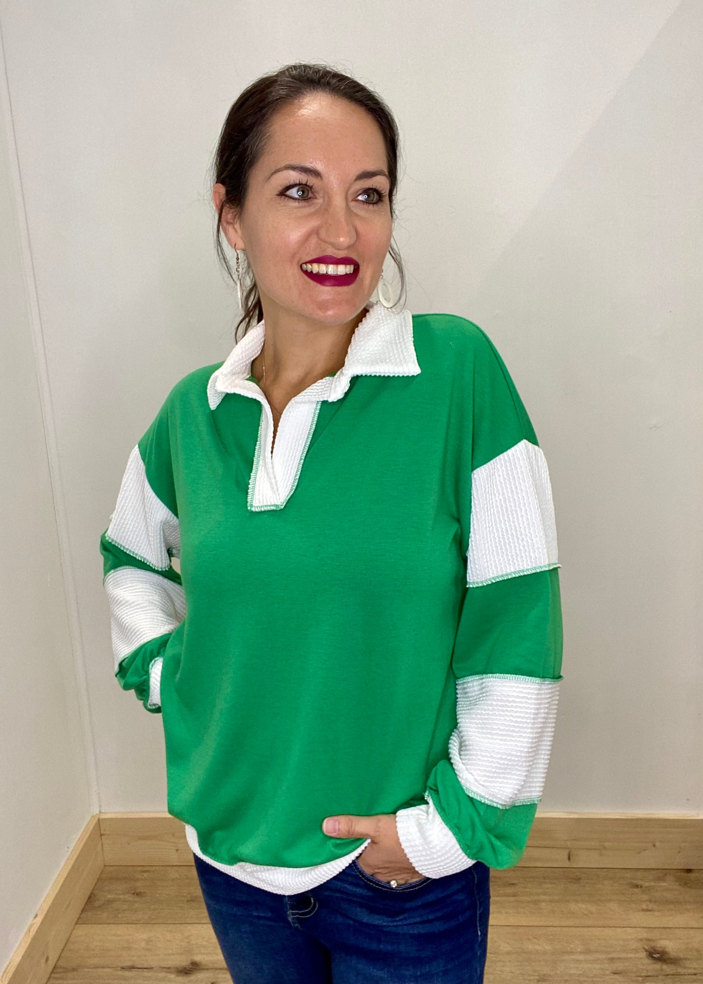 Banded Sleeve Collared Top - Kelly Green