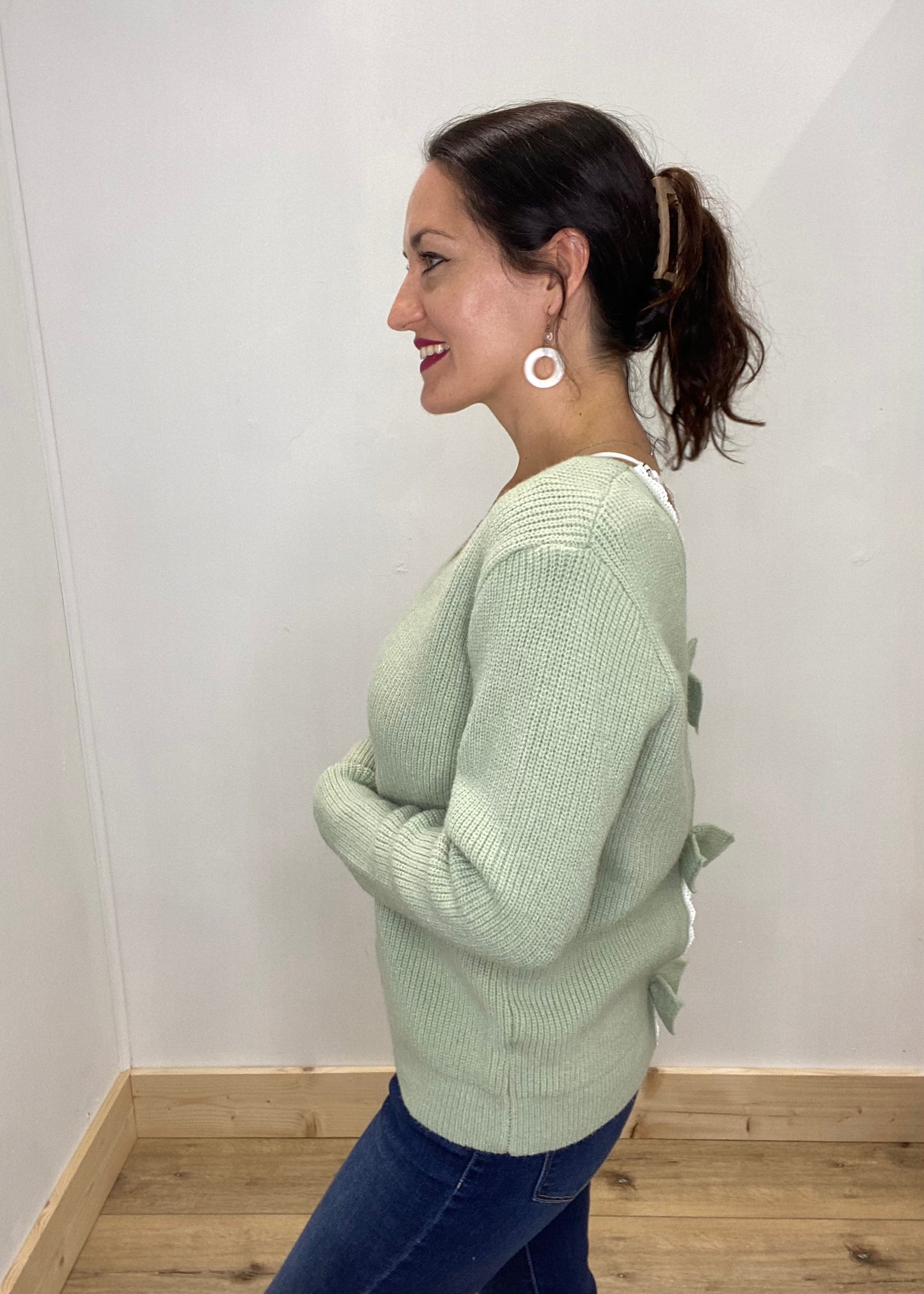 Chic Bow & Lace Back Sweater - Sage