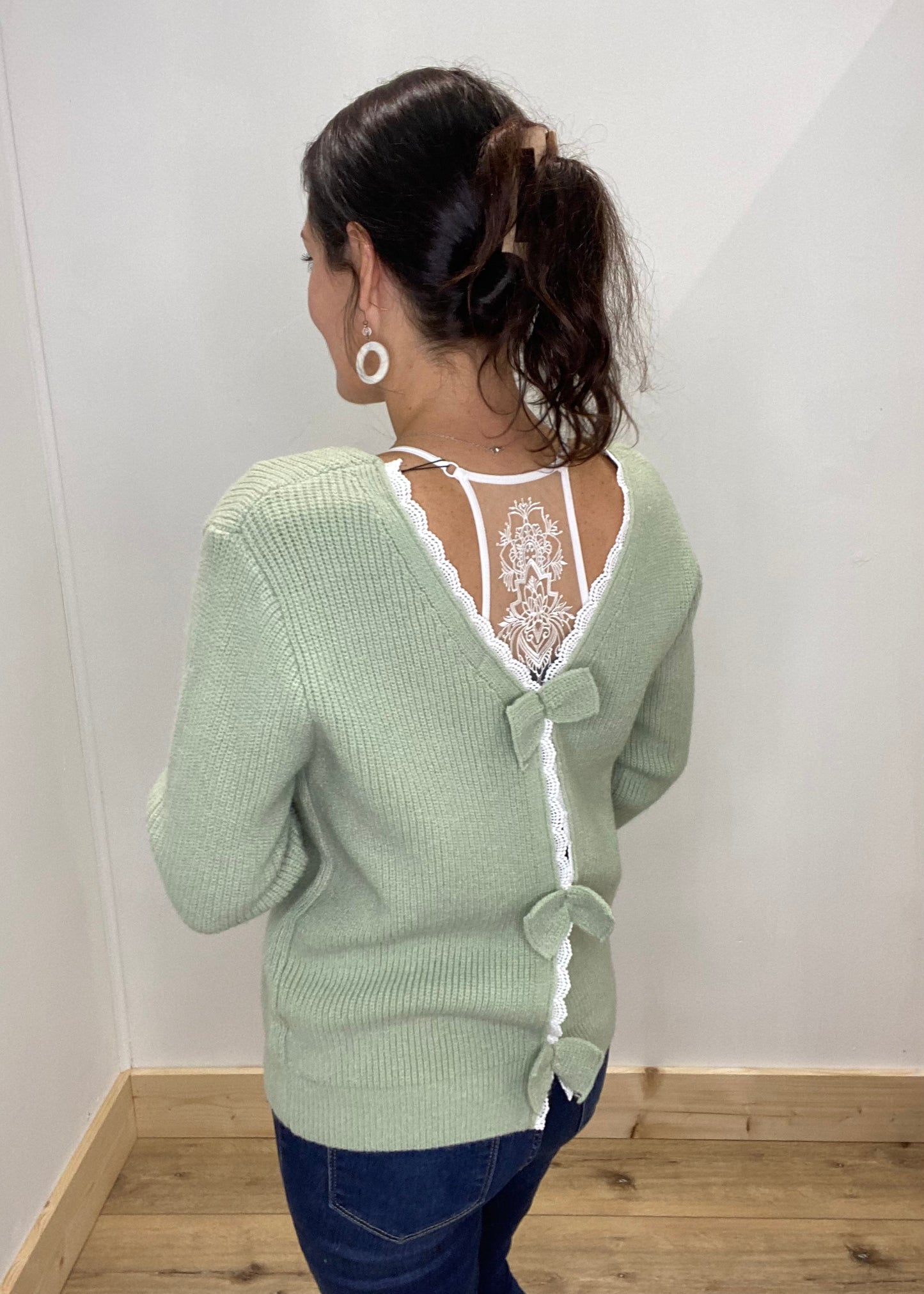 Chic Bow & Lace Back Sweater - Sage