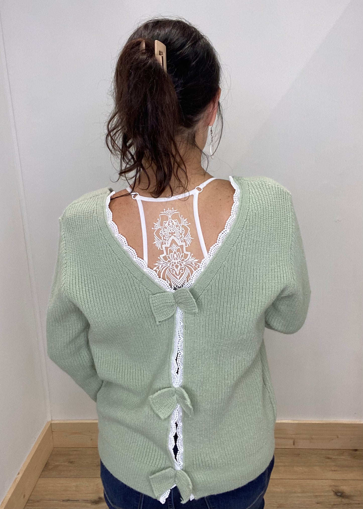 Chic Bow & Lace Back Sweater - Sage