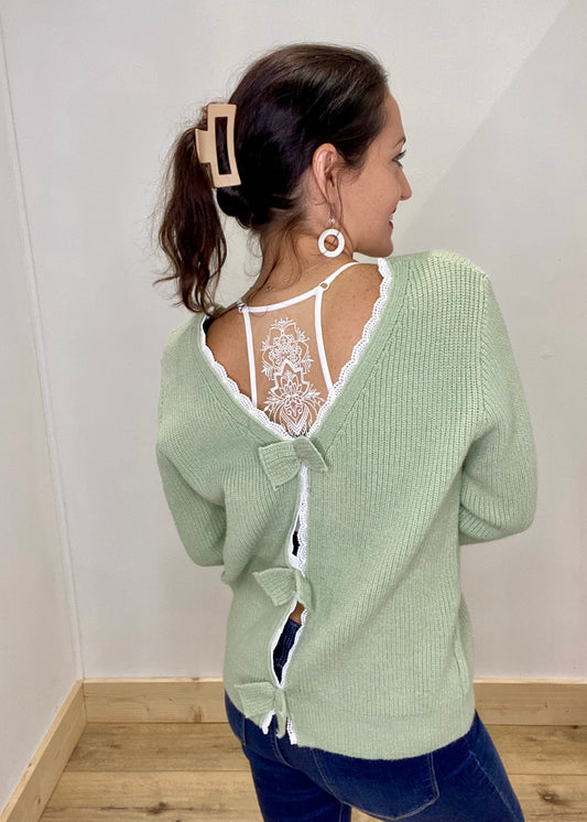 Chic Bow & Lace Back Sweater - Sage